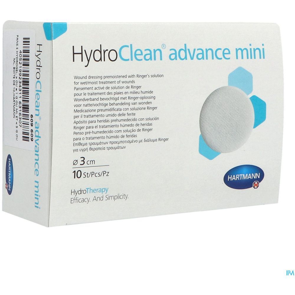 Emballage HydroClean advance mini. Compresse ronde, diamètre 3 cm. 10 pièces par paquet. Logo Hartmann.