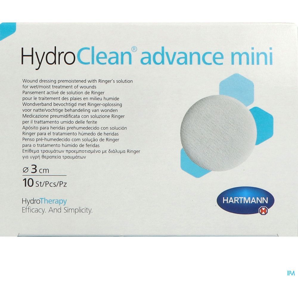 Emballage HydroClean advance mini. Compresse ronde, diamètre 3 cm. 10 pièces par paquet. Logo Hartmann.