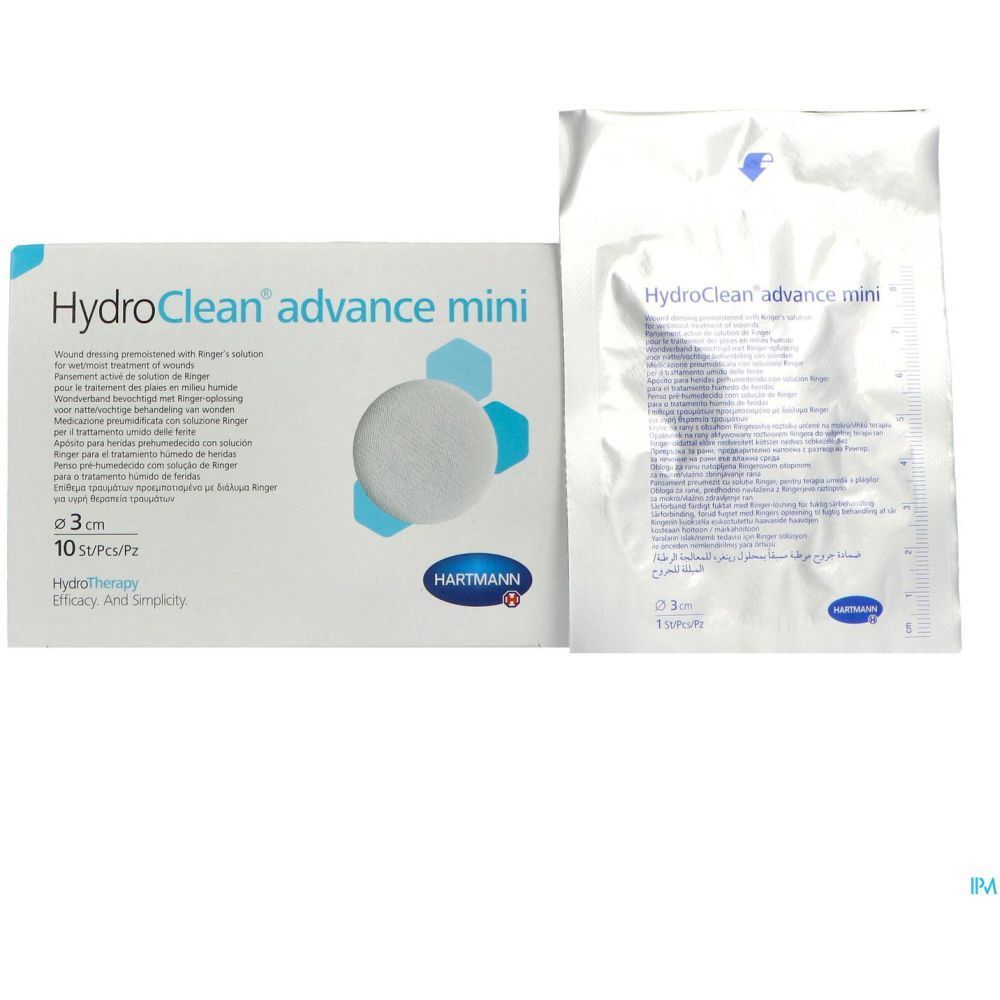 Emballage et sachet individuel HydroClean advance mini. Compresse ronde, diamètre 3 cm. Logo Hartmann.