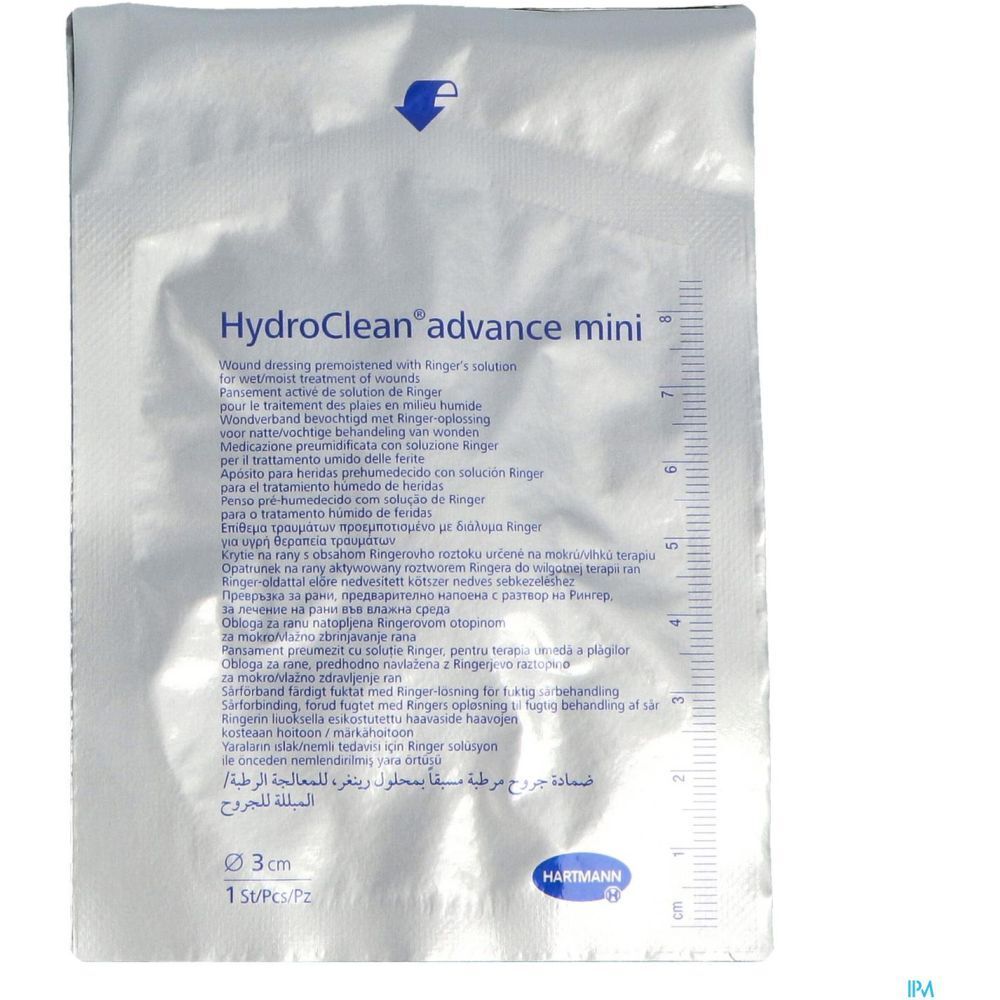 Sachet individuel HydroClean advance mini. Compresse ronde, diamètre 3 cm. Logo Hartmann et échelle.