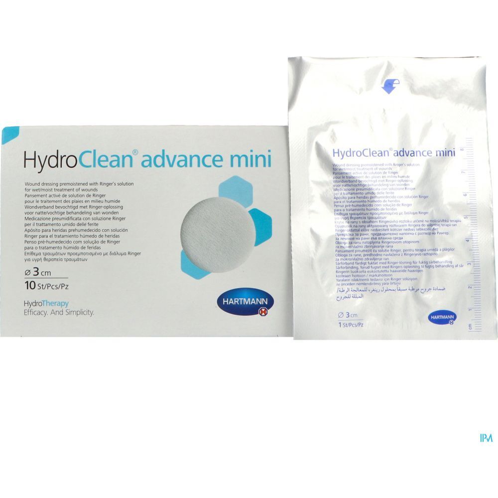 Emballage et sachet individuel HydroClean advance mini. Compresse ronde, diamètre 3 cm. Logo Hartmann.