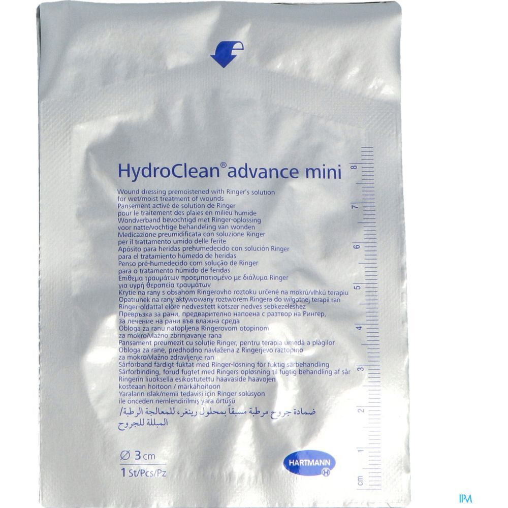 Sachet individuel HydroClean advance mini. Compresse ronde, diamètre 3 cm. Logo Hartmann et échelle.