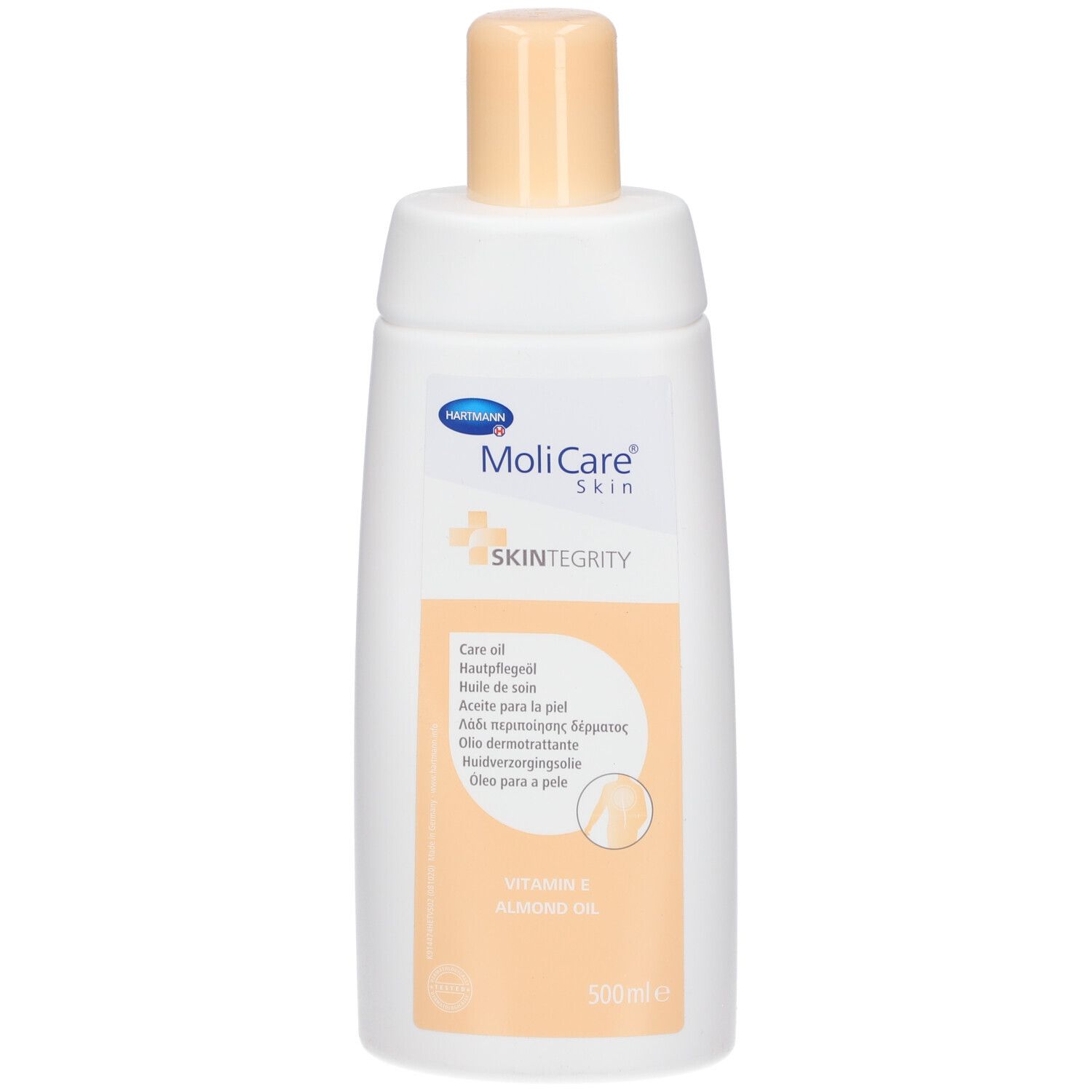 Flacon blanc avec bouchon beige. Inscription: MoliCare Skin, Huile de soin, Vitamine E, Huile d'amande.