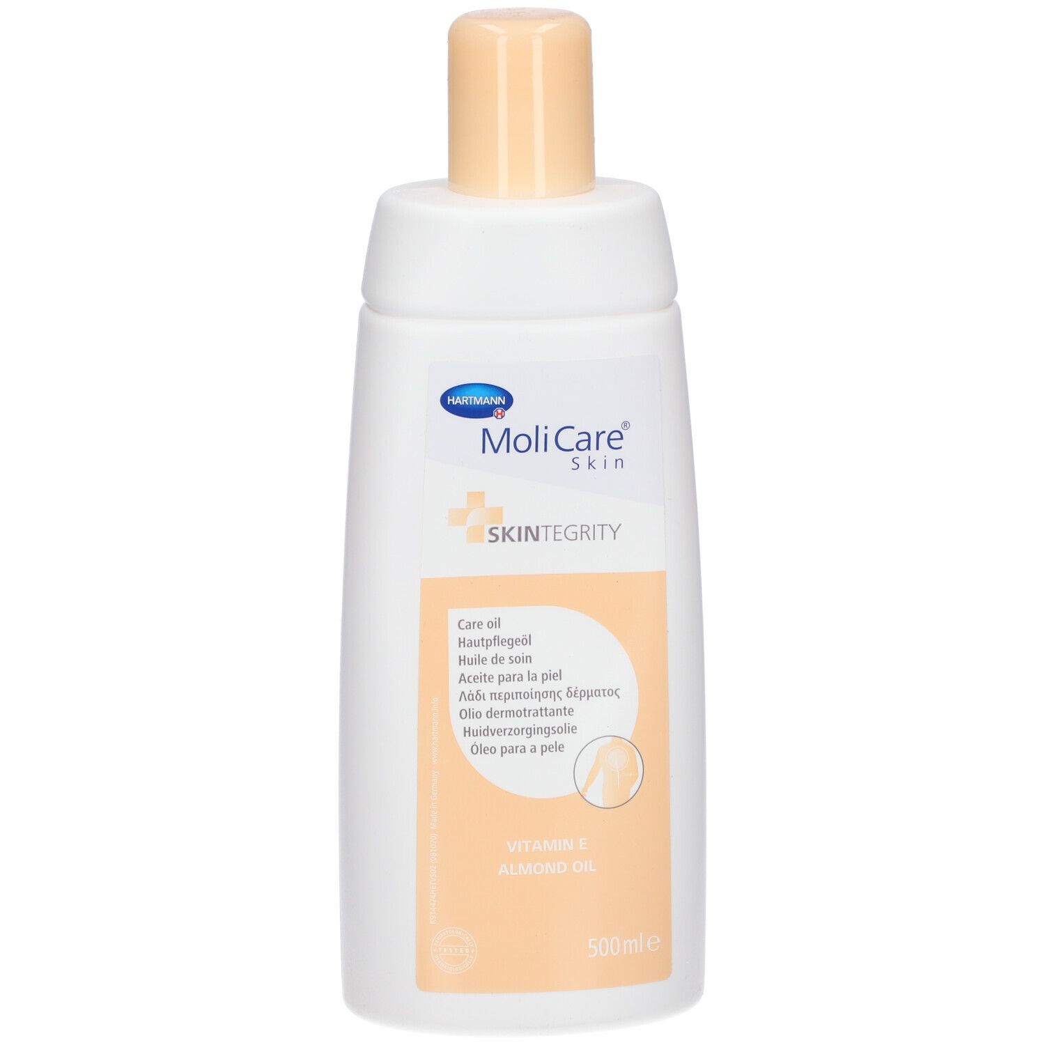 Flacon blanc avec bouchon beige. Inscription: MoliCare Skin, Huile de soin, Vitamine E, Huile d'amande.