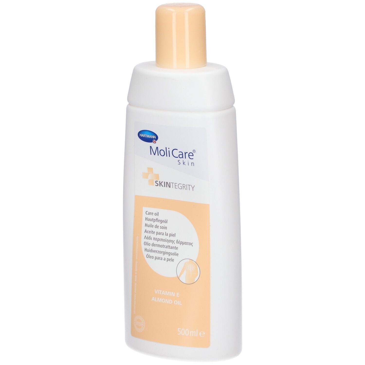 Flacon blanc avec bouchon beige. Inscription: MoliCare Skin, Huile de soin, Vitamine E, Huile d'amande.