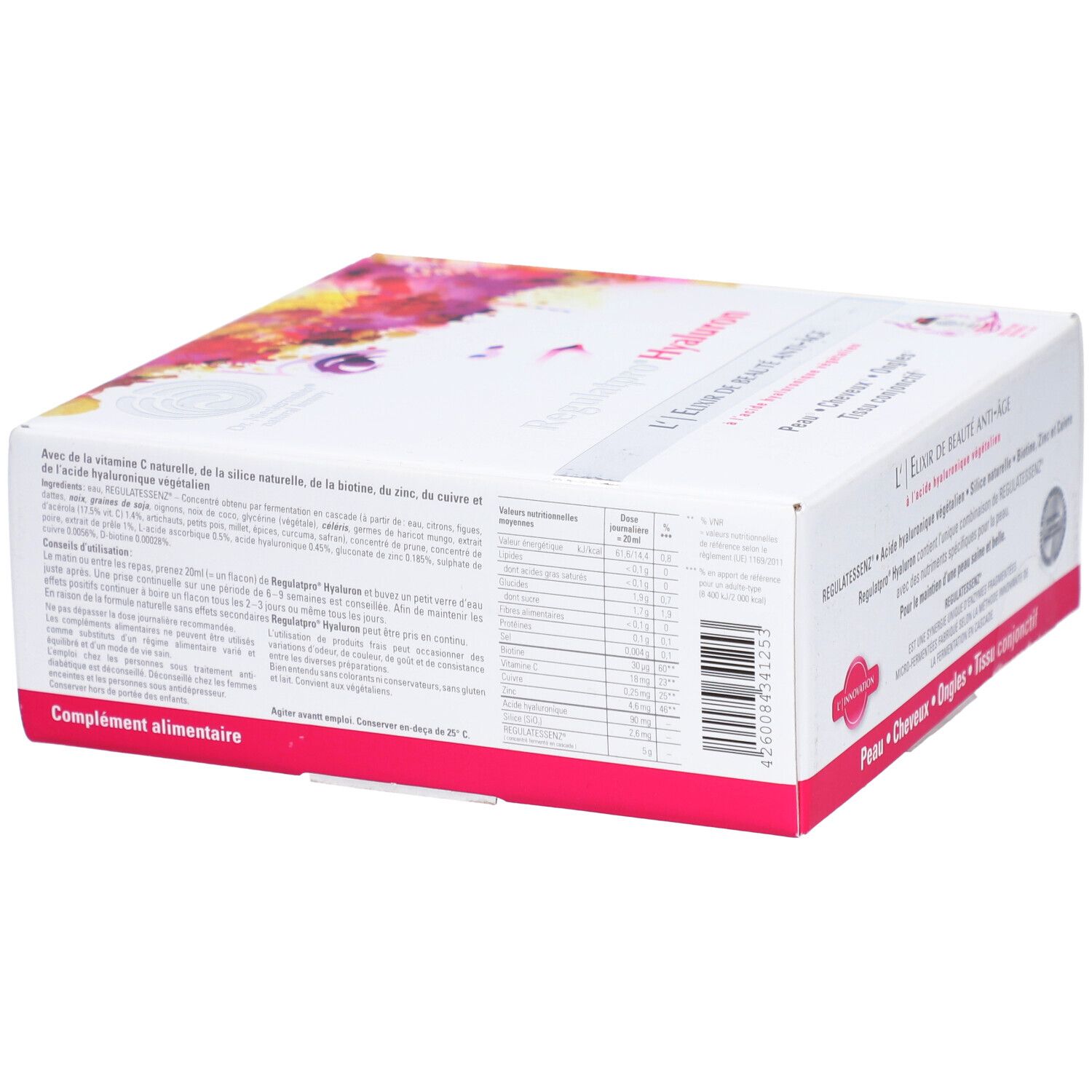 Weißer Karton mit rosa Akzenten. Text: L'Elixir de Beauté Anti-Âge, Regulatessenz Hyaluron. Enthält Vitamin C. Barcode und Nährwerttabelle.