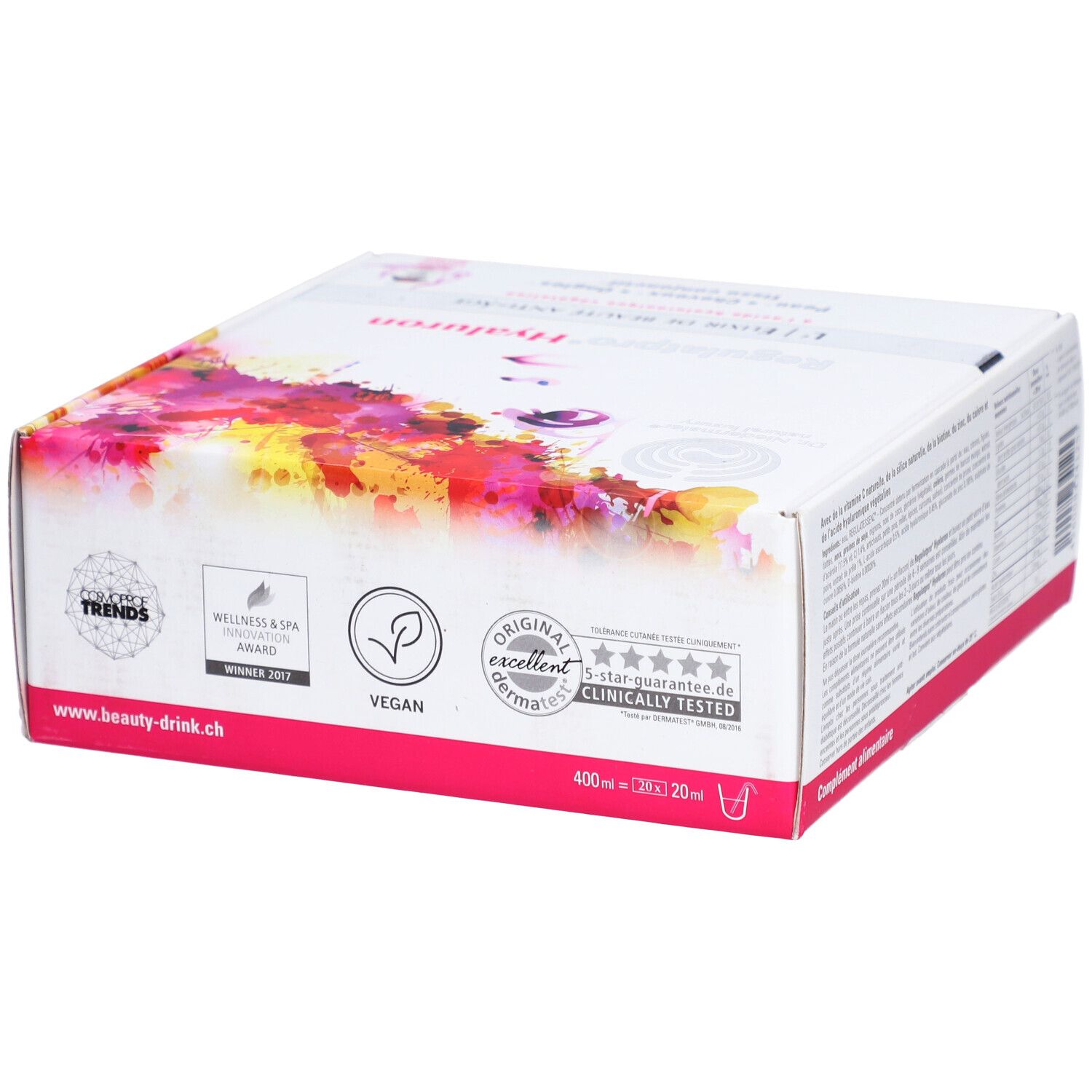 Weißer Karton mit rosa Akzenten. Text: Regulatessenz Hyaluron. Vegan-Logo, Auszeichnungen, dermatologisch getestet. 400ml (20x20ml).