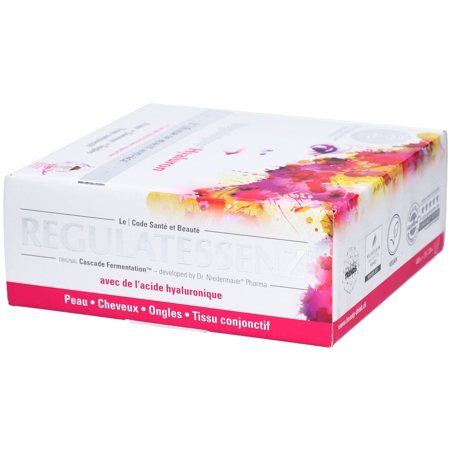 Weißer Karton mit rosa Akzenten. Text: Regulatessenz, mit Hyaluronsäure. Logo: Code Santé et Beauté. Vegan-Logo, dermatologisch getest.