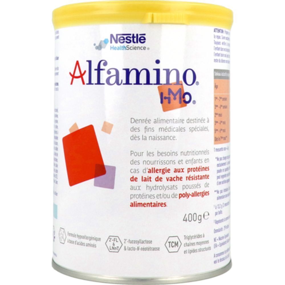 Boîte ronde à couvercle jaune. Inscription Alfamino HMO, Nestlé HealthScience. Texte en français. 400g.