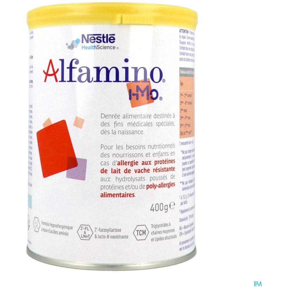 Boîte ronde à couvercle jaune. Inscription Alfamino HMO, Nestlé HealthScience. Texte en français. 400g.