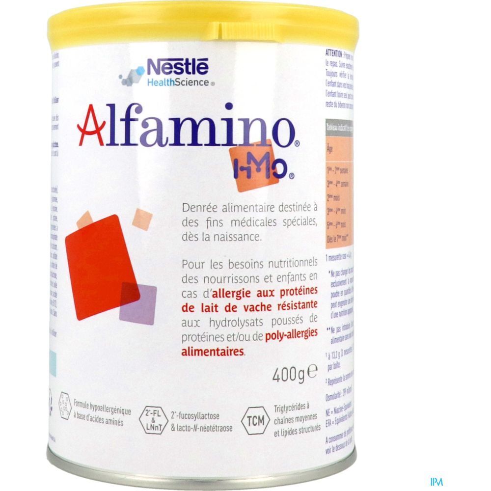 Boîte ronde à couvercle jaune. Inscription Alfamino HMO, Nestlé HealthScience. Texte en français. 400g.