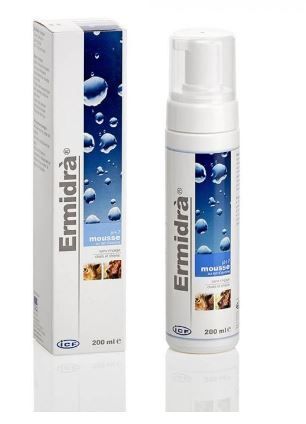 Flacon et boîte Ermidrà Mousse. Blanc, bleu. 200 ml. Pour chiens et chats. Avec pompe.