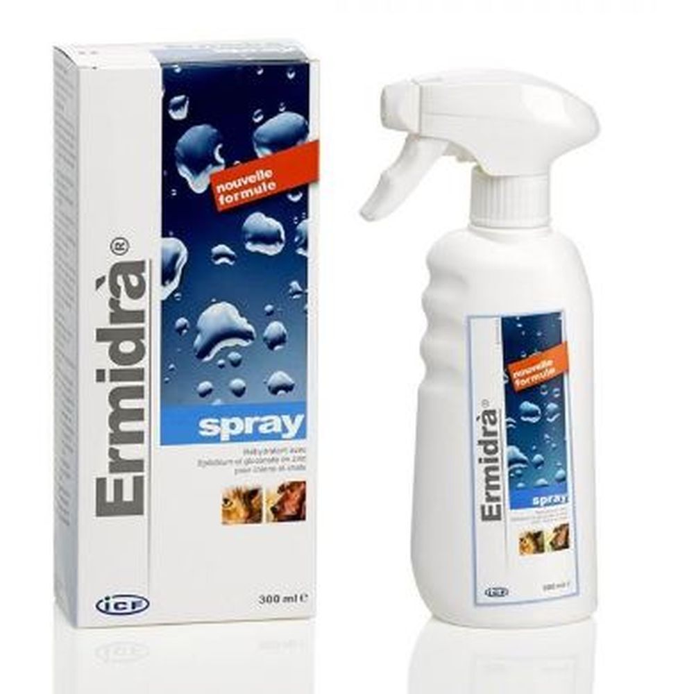 Flacon et boîte blancs avec Ermidrà Spray. Vaporisateur avec tête de pulvérisation. Boîte avec images du produit.