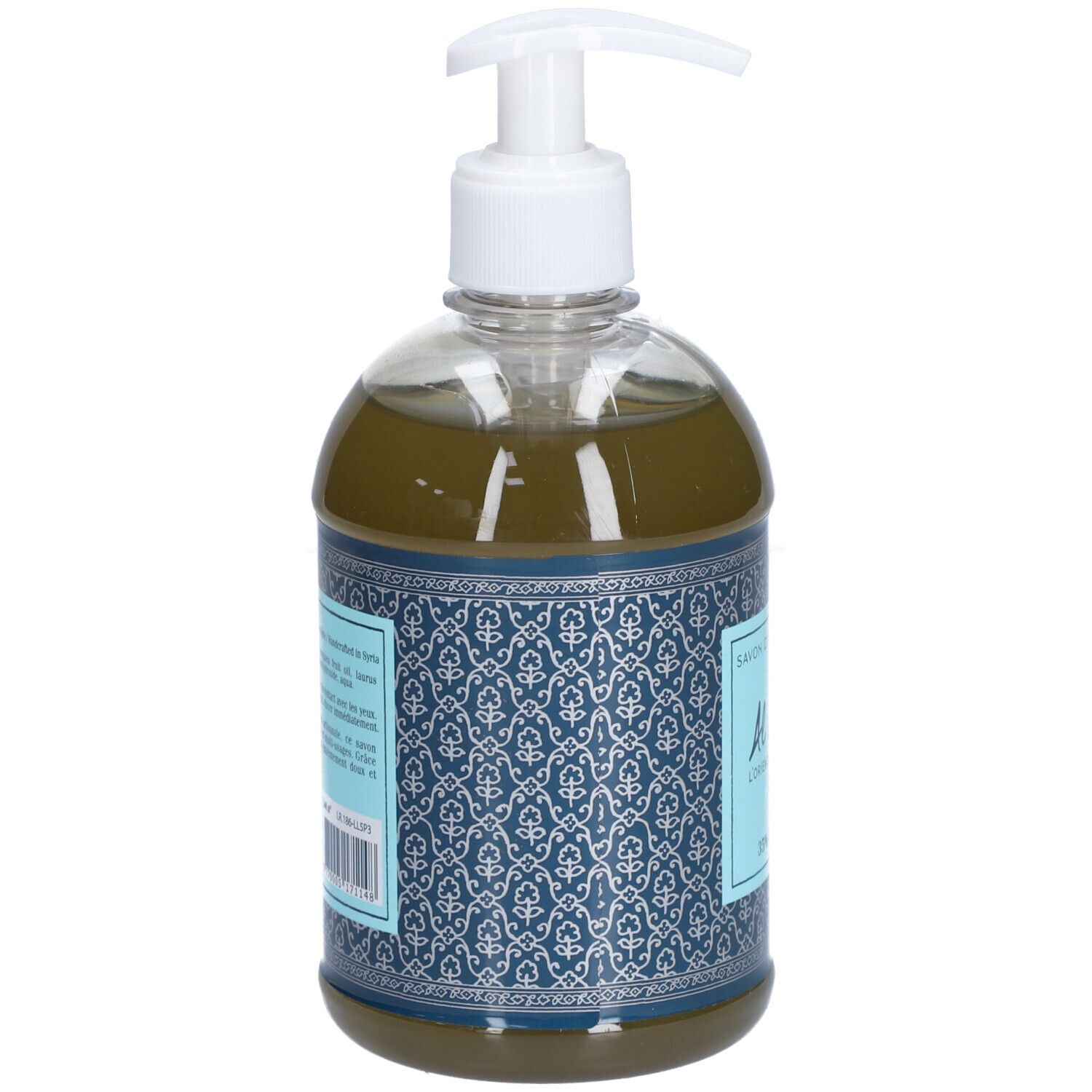 Vue arrière du flacon de savon. Étiquette bleue avec texte. Distributeur blanc. Flacon transparent avec liquide vert.
