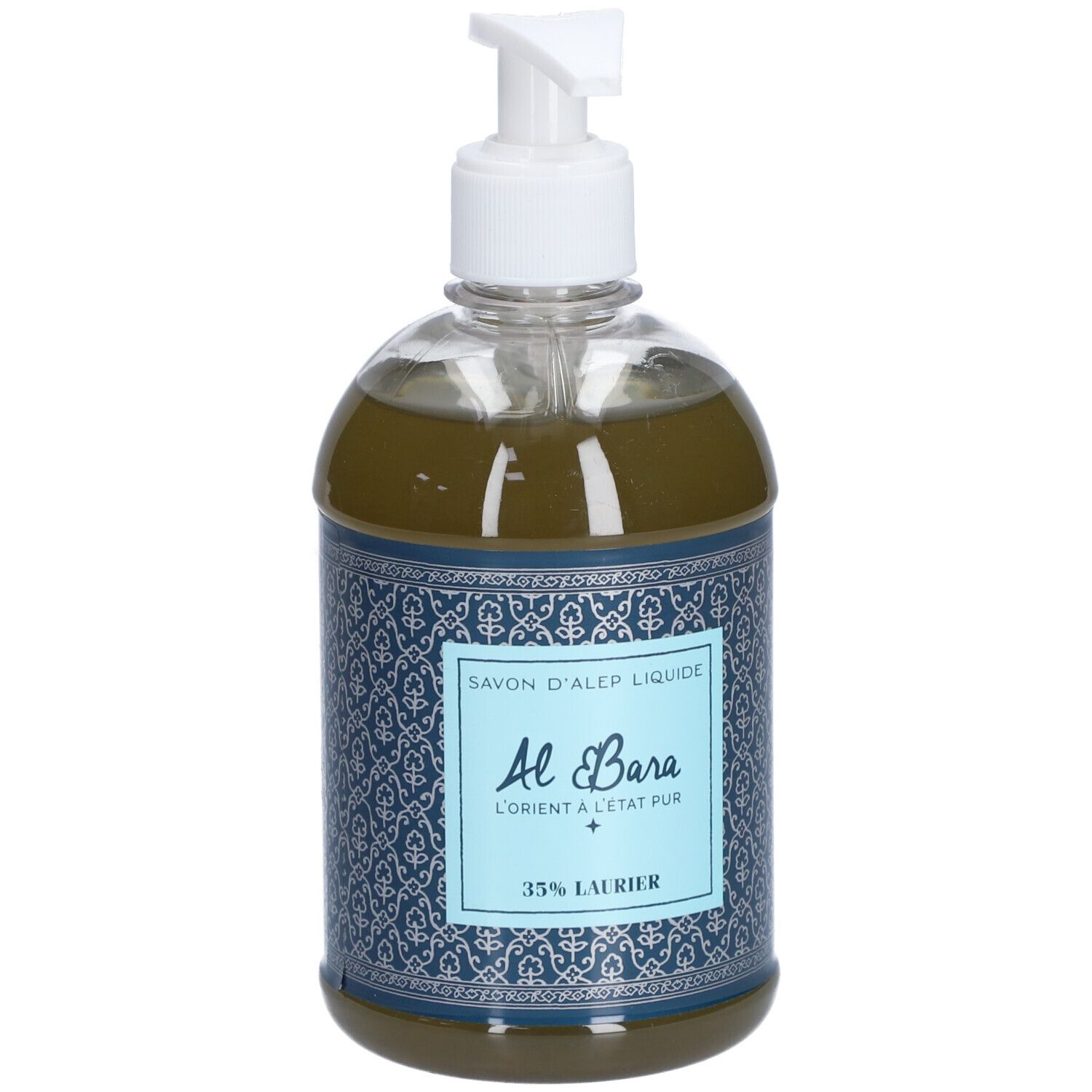 Flacon transparent de savon liquide. Distributeur blanc. Étiquette bleue avec texte: Al Bara, 35% Laurier.