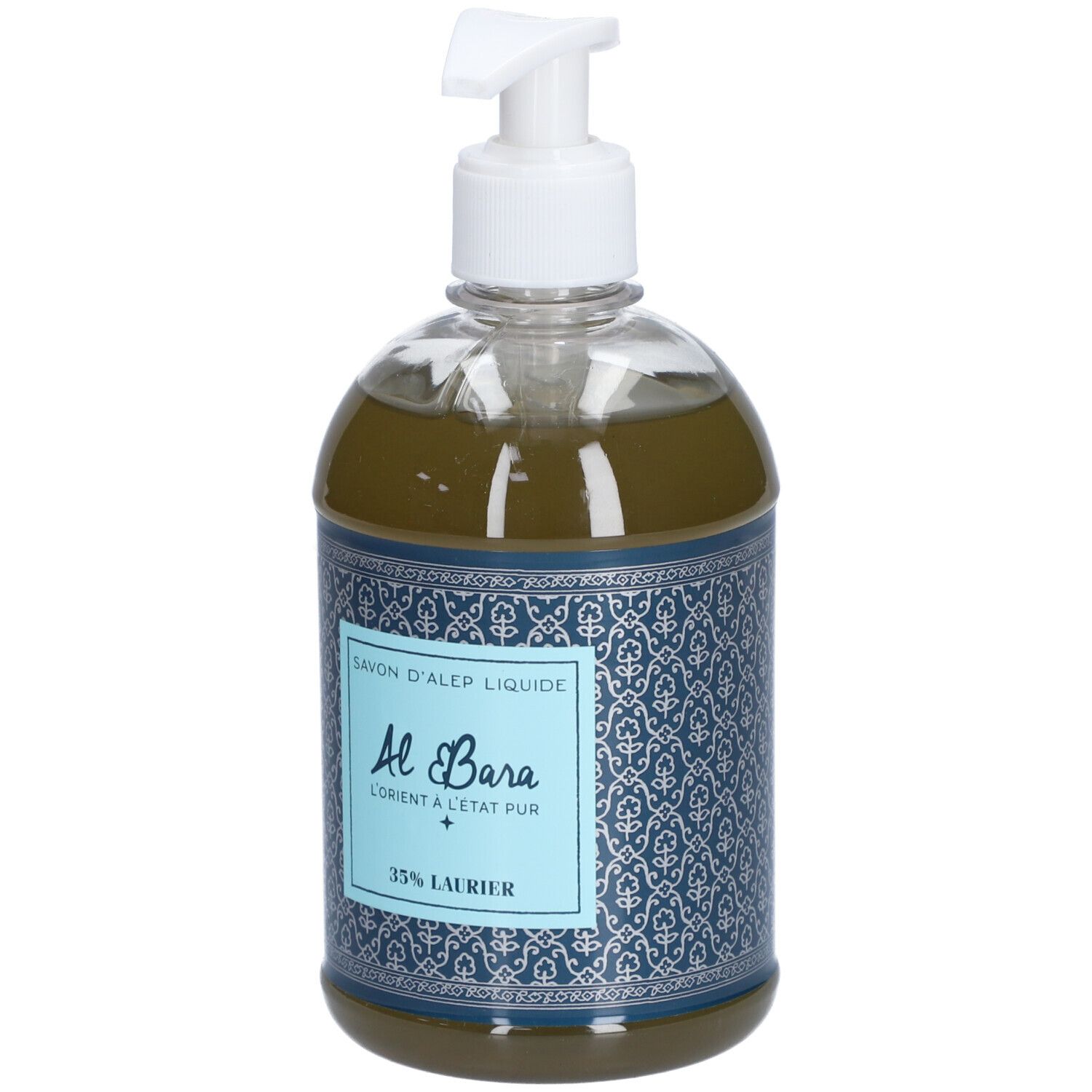 Flacon transparent de savon liquide. Distributeur blanc. Étiquette bleue avec texte: Al Bara, 35% Laurier.