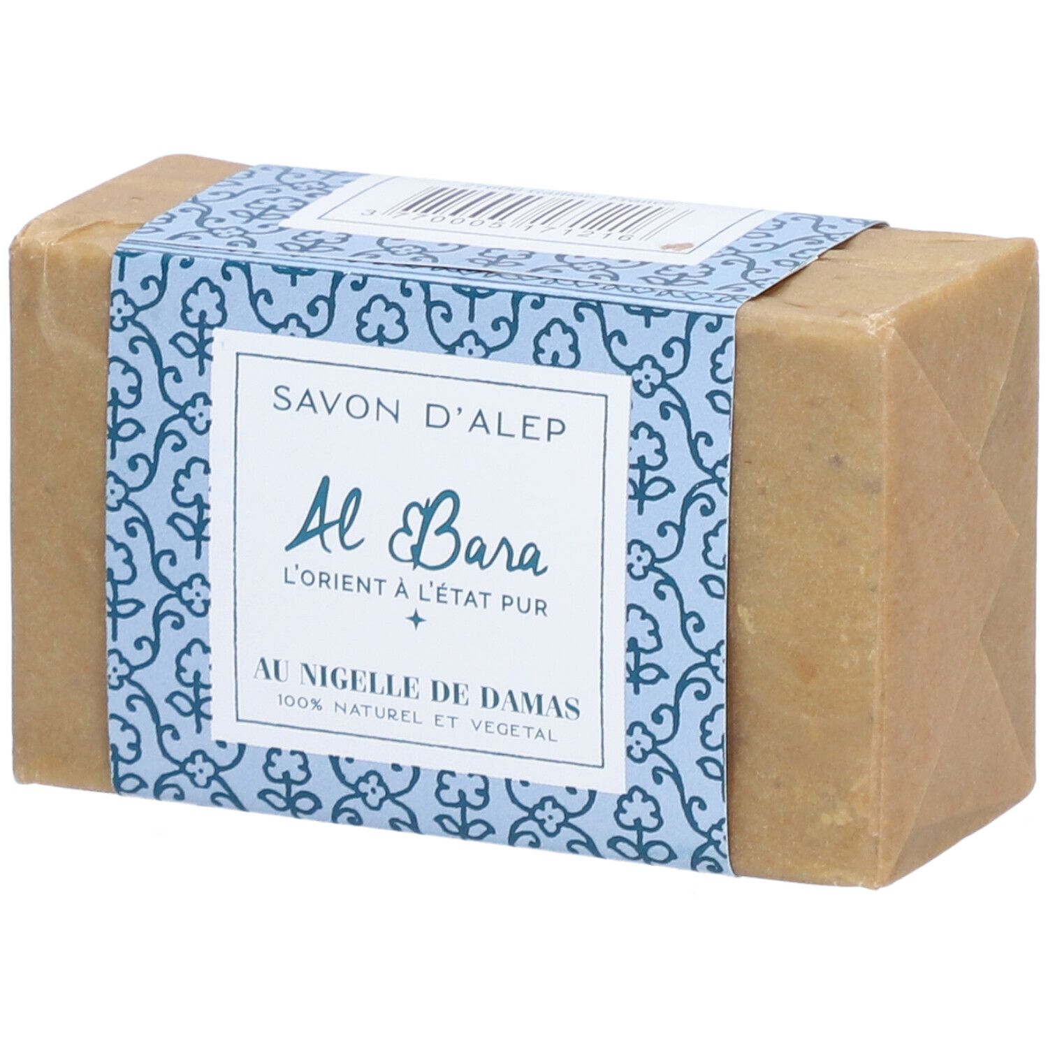 Savon rectangulaire emballé dans du papier. Bande bleue avec texte: Savon d'Alep, Al Bara, Au Nigelle de Damas.
