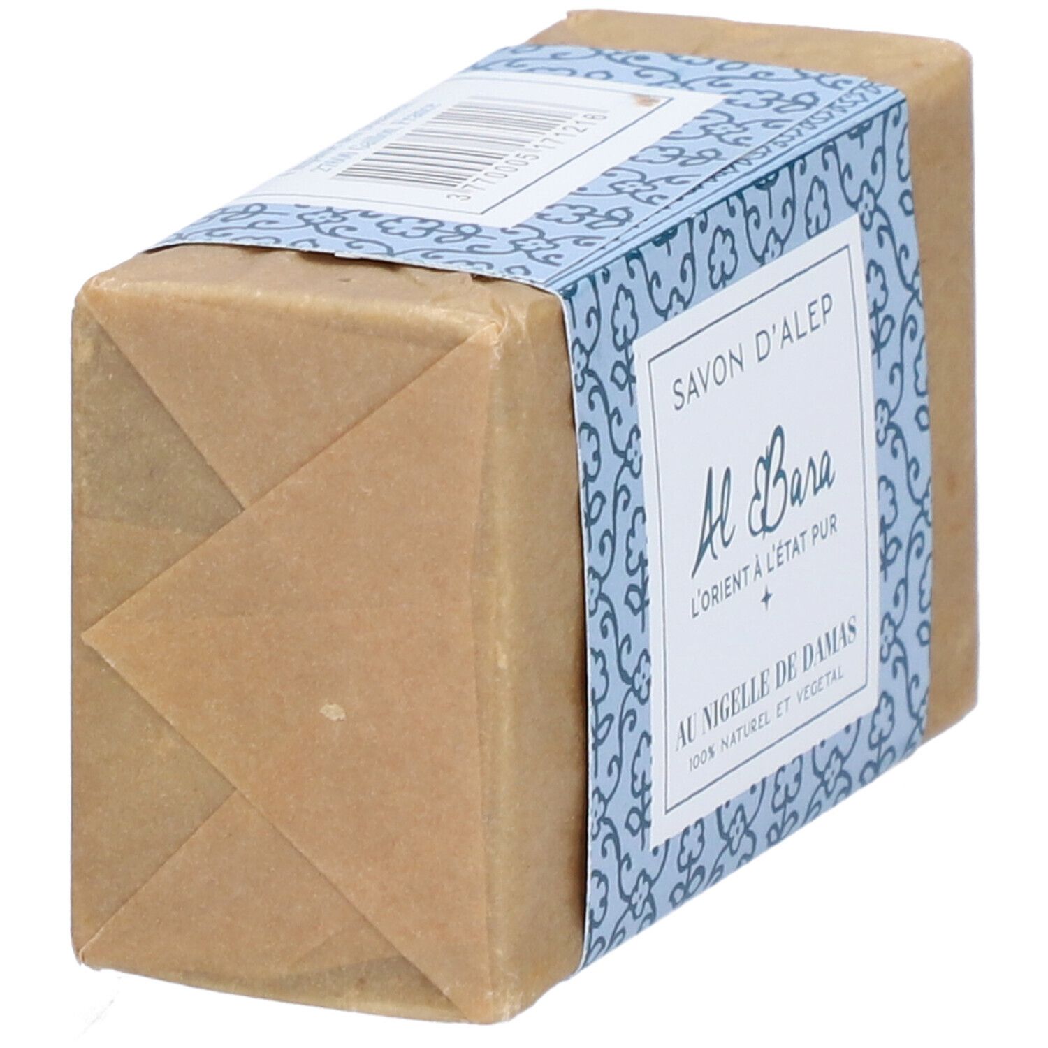 Savon rectangulaire emballé dans du papier. Bande bleue avec texte: Savon d'Alep, Al Bara, Au Nigelle de Damas.