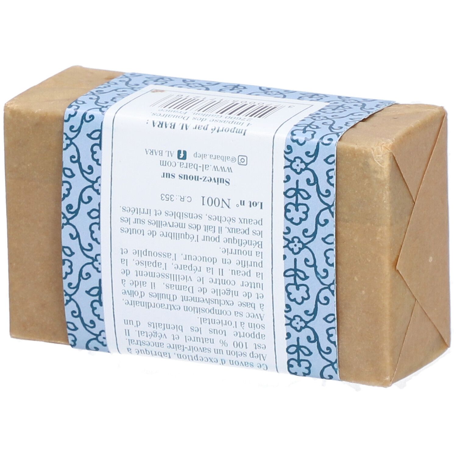 Savon rectangulaire emballé dans du papier. Bande bleue avec texte et informations. Marque: Al Bara.