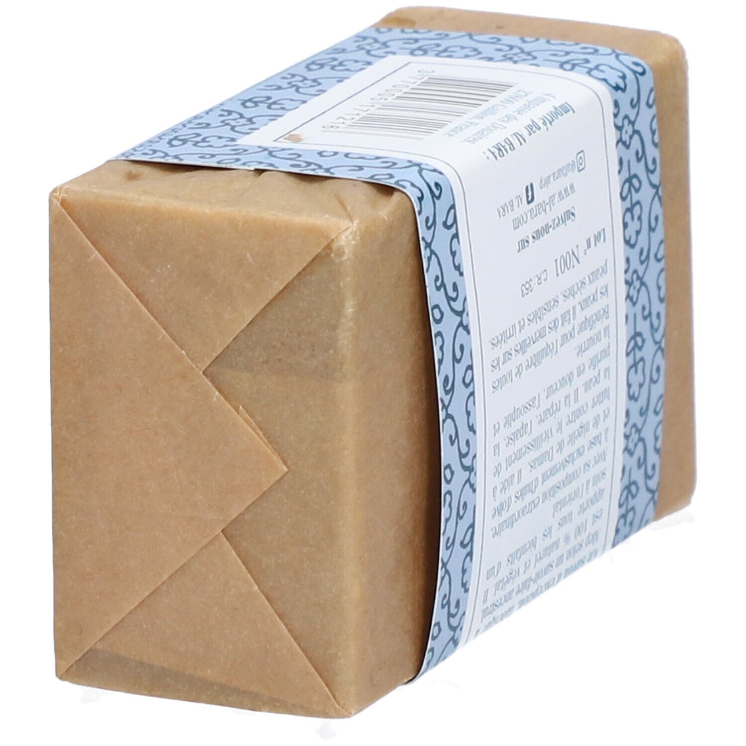 Savon rectangulaire emballé dans du papier. Bande bleue avec texte et informations. Marque: Al Bara.
