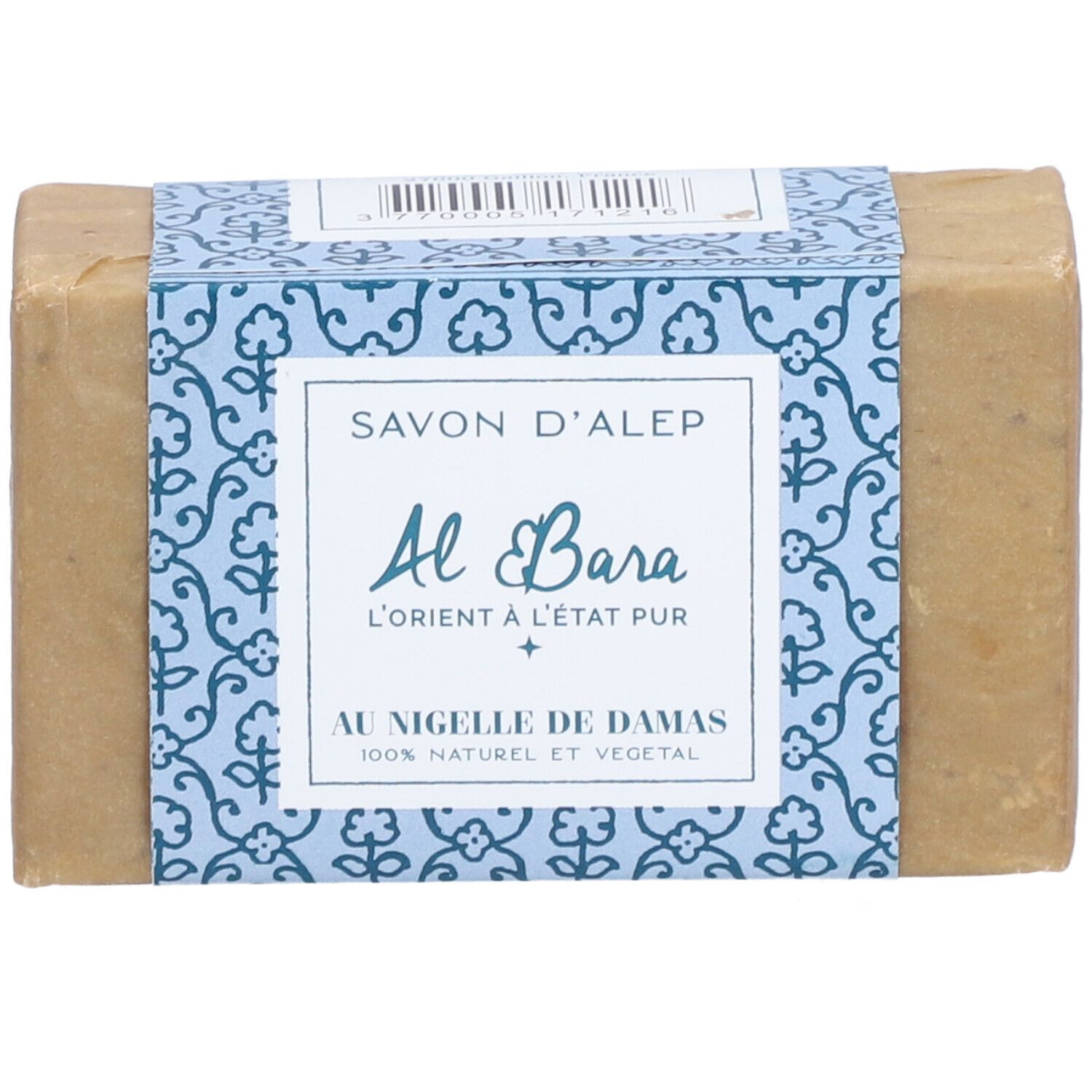 Savon rectangulaire emballé dans du papier. Bande bleue avec texte: Savon d'Alep, Al Bara, Au Nigelle de Damas.