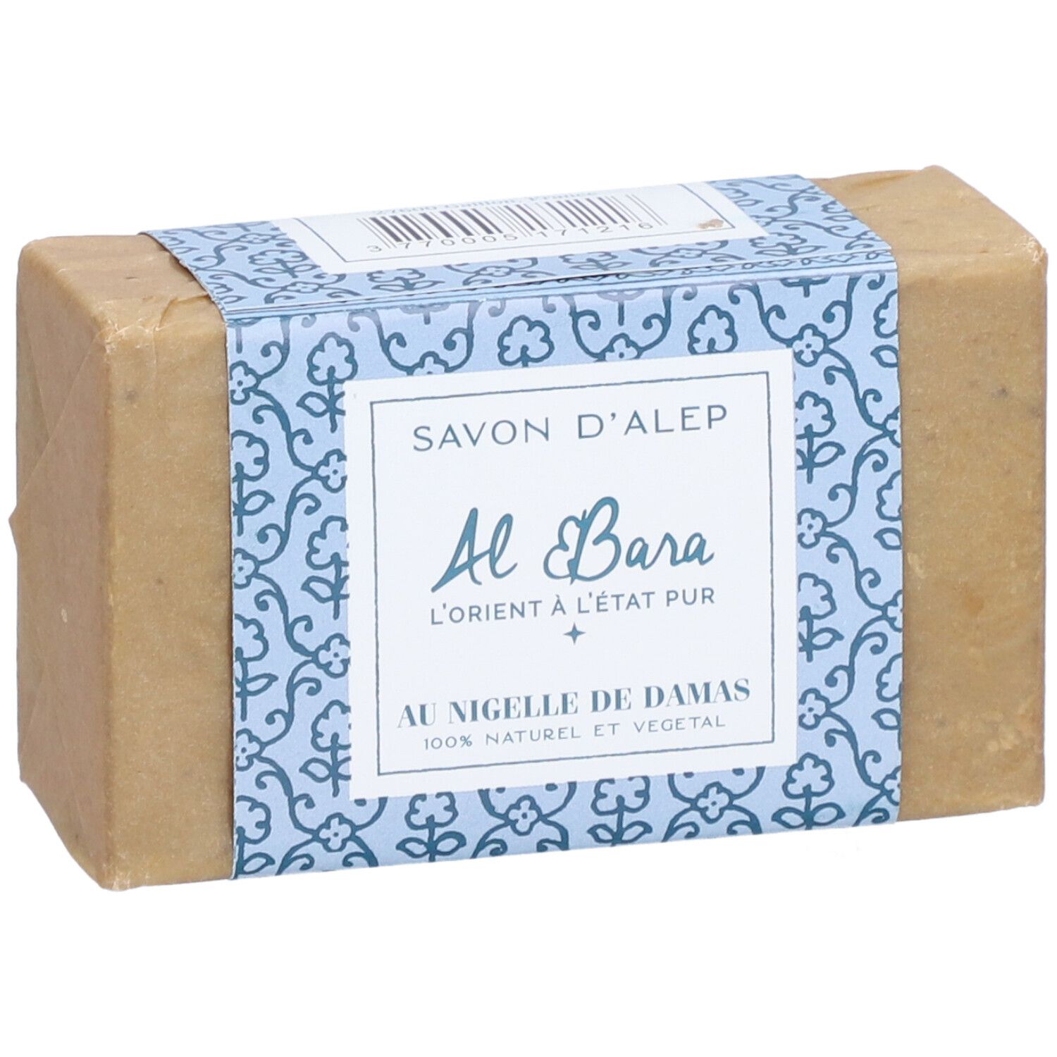 Savon rectangulaire emballé dans du papier. Bande bleue avec texte: Savon d'Alep, Al Bara, Au Nigelle de Damas.