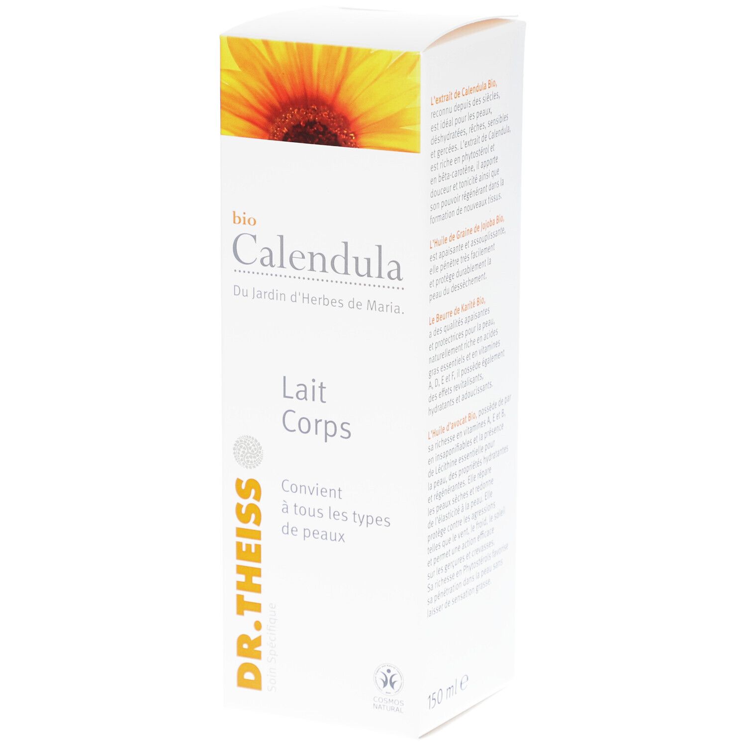 Boîte blanche avec nom et logo du produit. Image de tournesol en haut. Texte: Bio Calendula Lait Corps. Marque: Dr. Theiss.