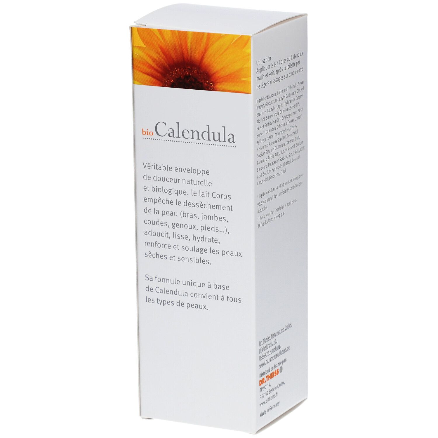 Boîte blanche avec texte et image de tournesol. Texte: Bio Calendula Lait Corps. Marque: Dr. Theiss. Description du produit.