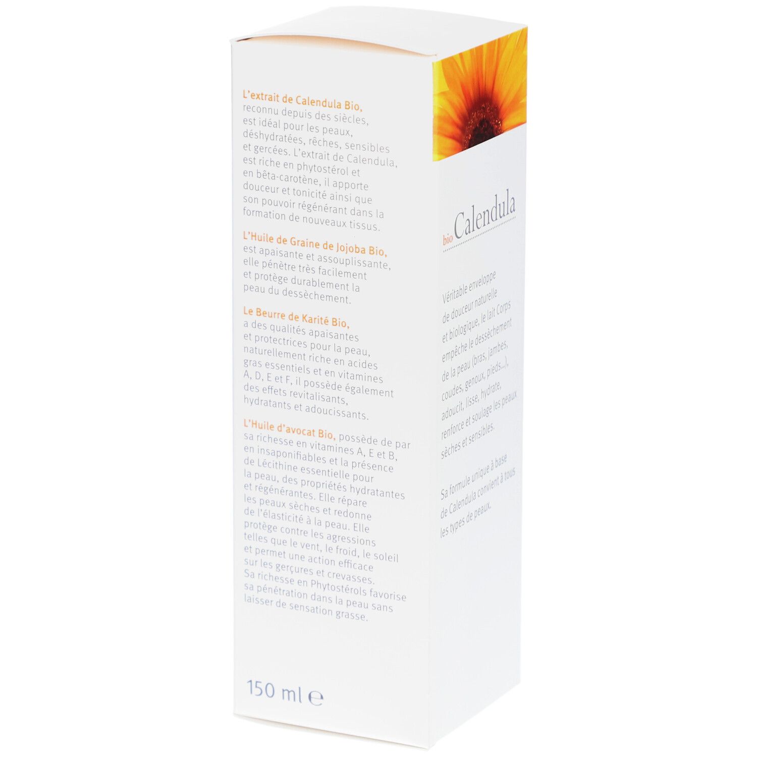 Boîte blanche avec texte et image de tournesol. Texte: Ingrédients. Marque: Dr. Theiss. Volume: 150 ml.