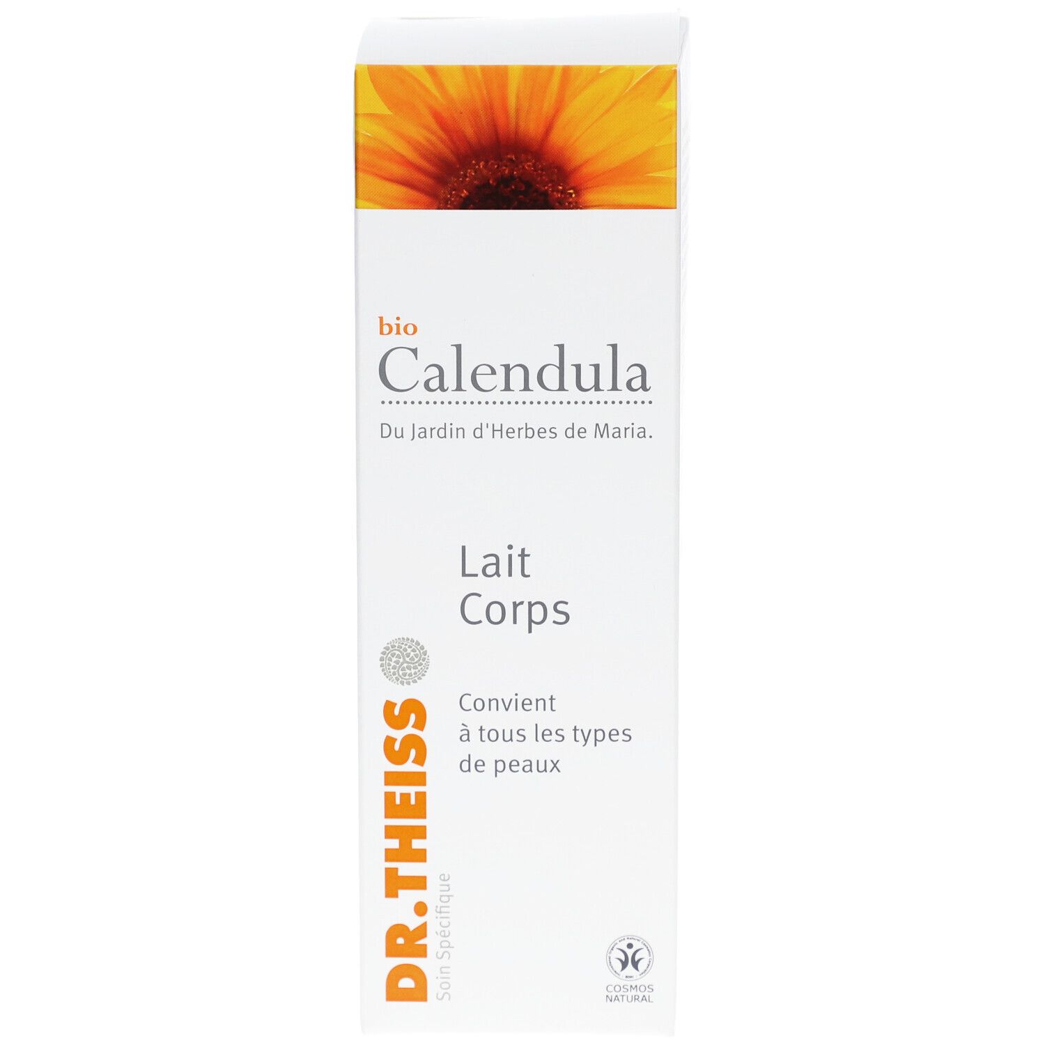 Boîte blanche avec nom et logo du produit. Image de tournesol en haut. Texte: Bio Calendula Lait Corps. Marque: Dr. Theiss.