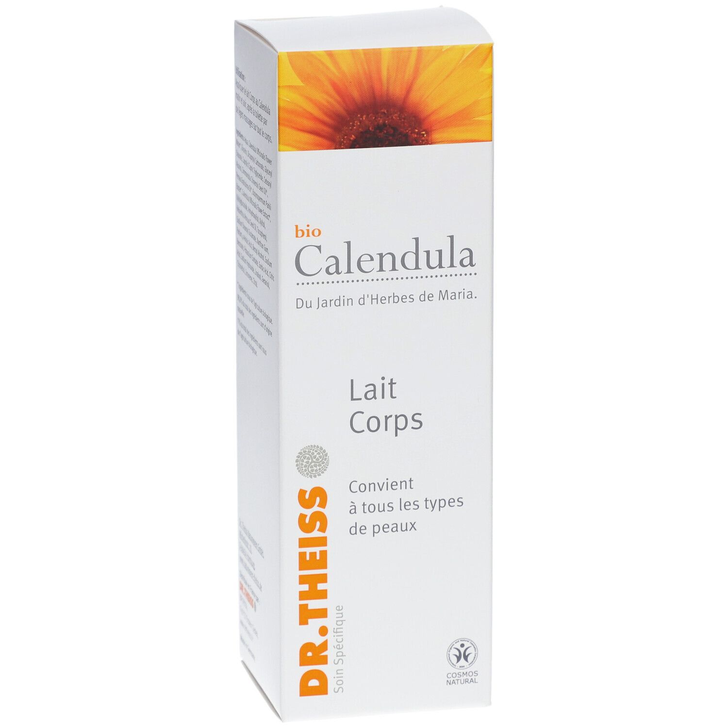Boîte blanche avec nom et logo du produit. Image de tournesol en haut. Texte: Bio Calendula Lait Corps. Marque: Dr. Theiss.