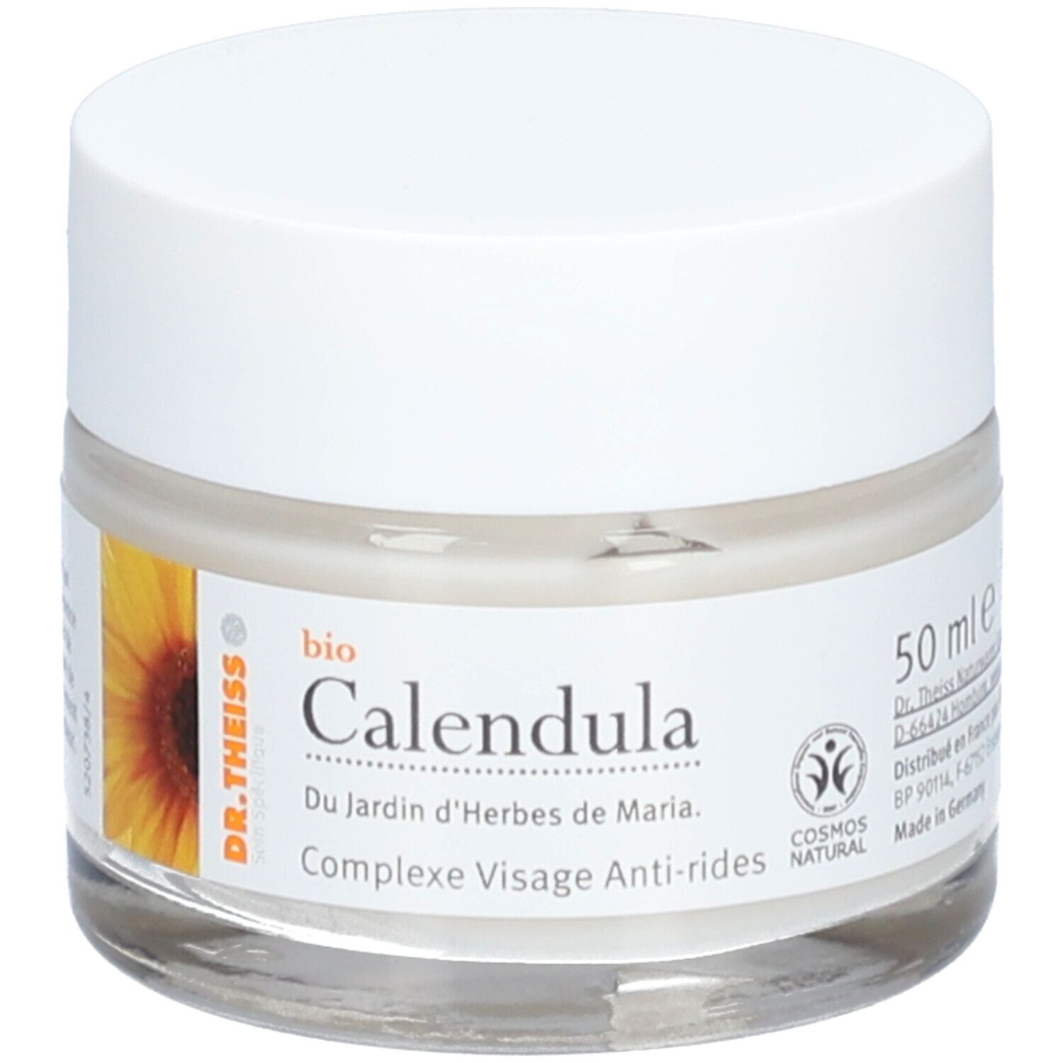 Pot de crème avec couvercle blanc. Étiquette : bio Calendula, Dr. Theiss, Complex Visage Anti-rides. Illustration de tournesol.