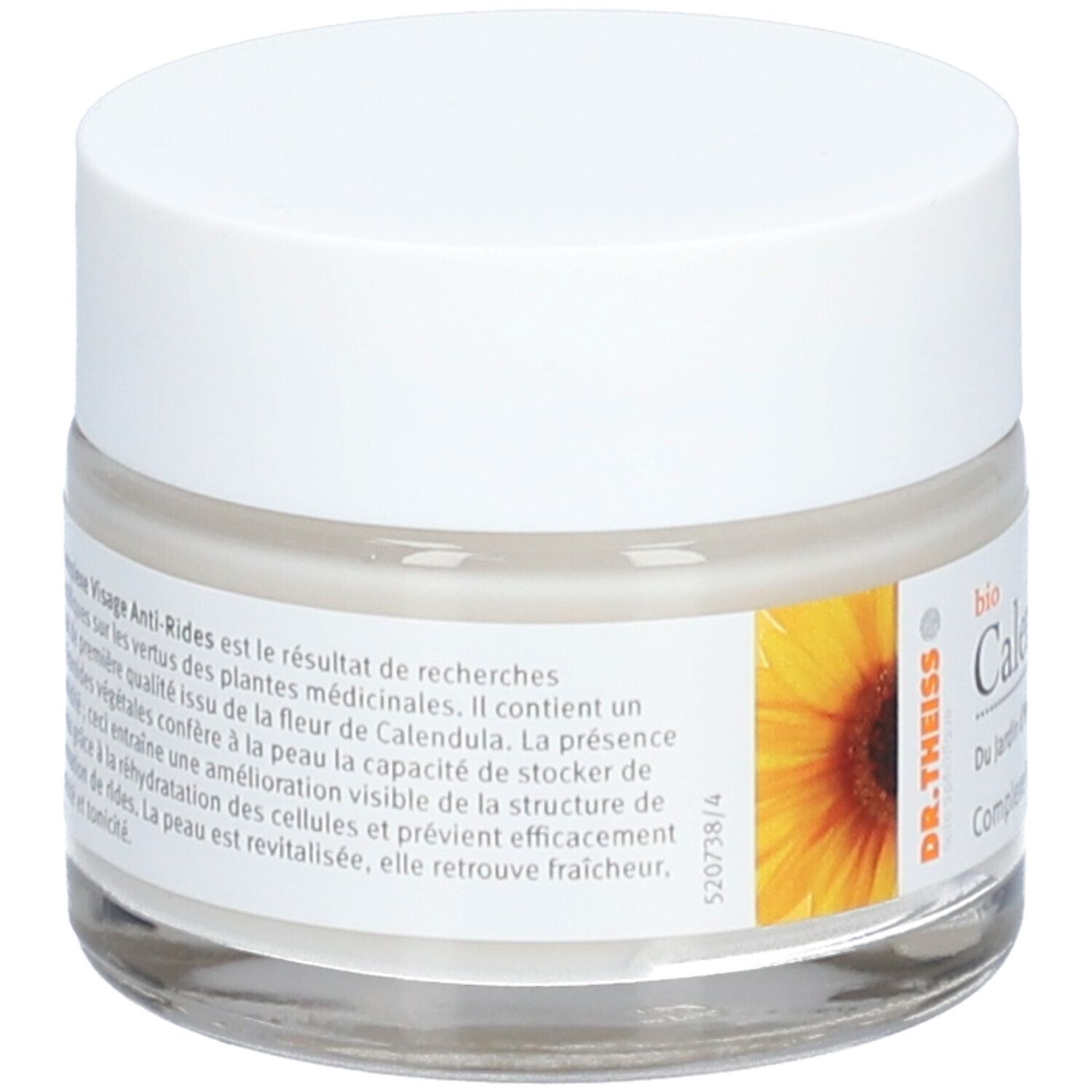 Pot de crème avec couvercle blanc. Étiquette : bio Calendula, Dr. Theiss, Complex Visage Anti-rides. Texte sur les ingrédients et les effets.