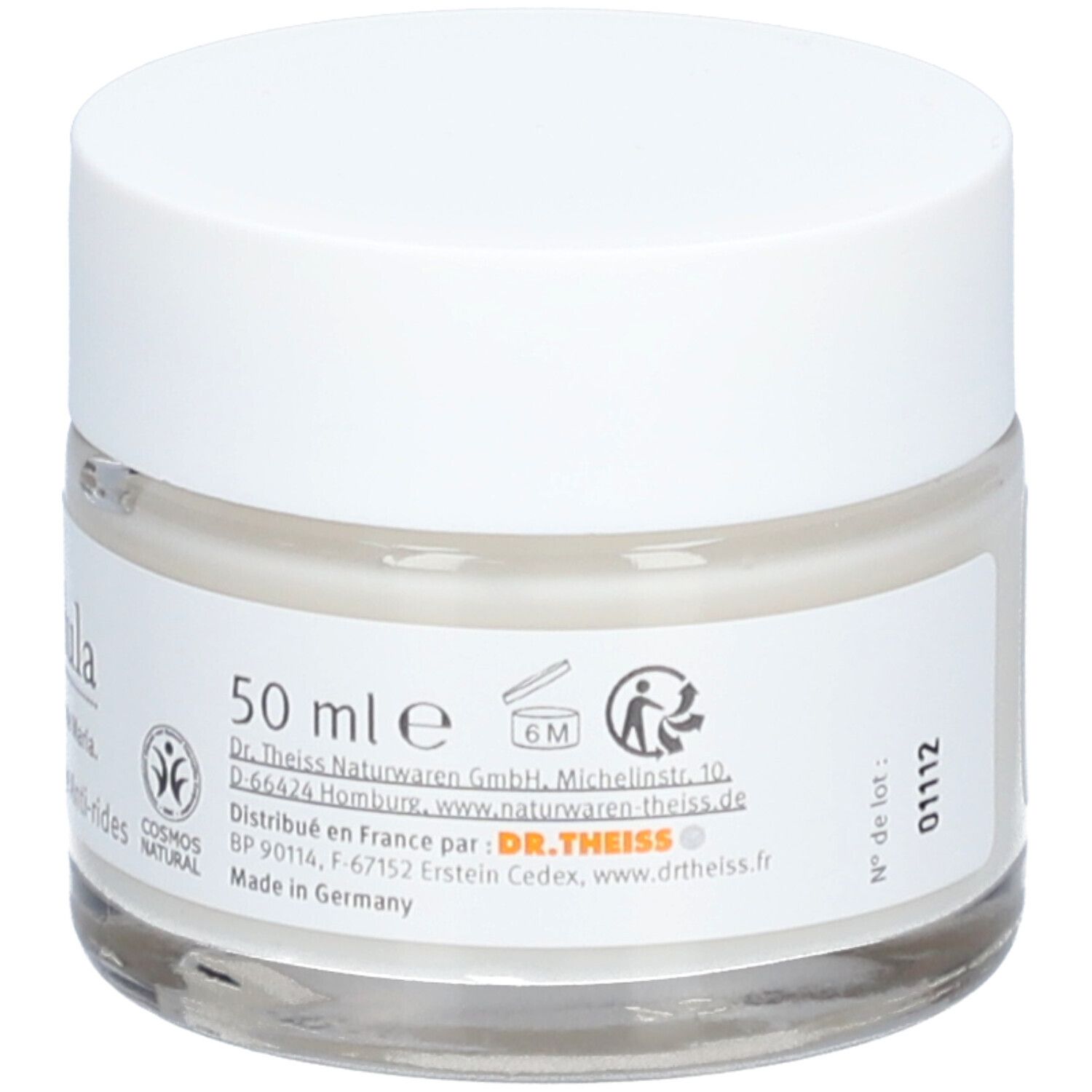 Pot de crème avec couvercle blanc. Étiquette : 50 ml, Dr. Theiss, Cosmos Natural. Fabriqué en Allemagne.