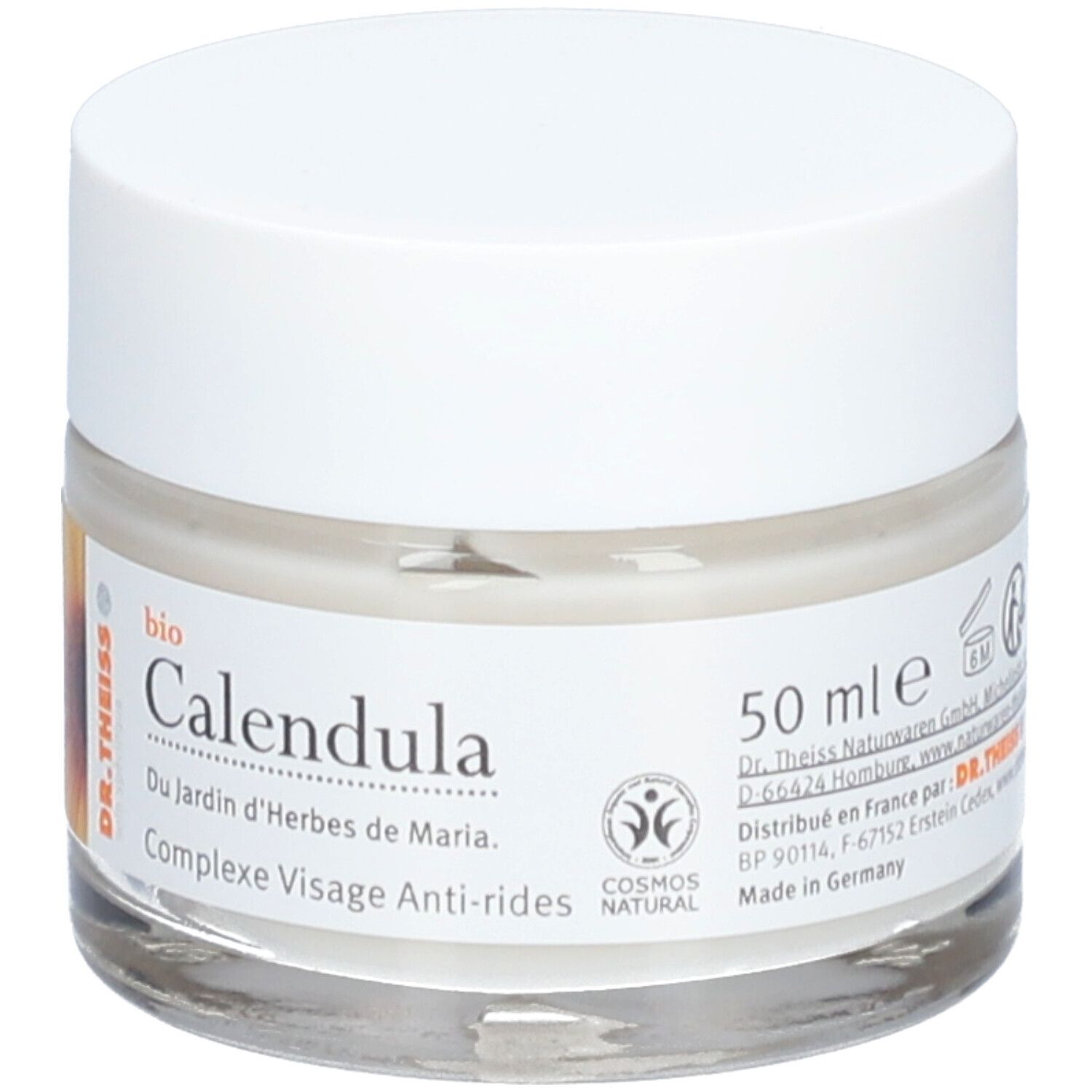 Pot de crème avec couvercle blanc. Étiquette : bio Calendula, Dr. Theiss, Complex Visage Anti-rides, 50 ml.