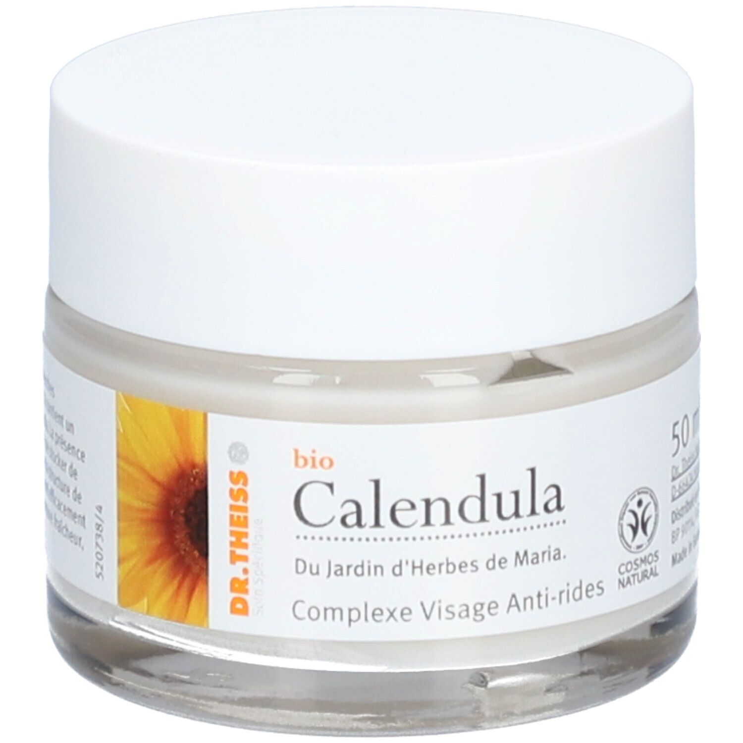 Pot de crème avec couvercle blanc. Étiquette : bio Calendula, Dr. Theiss, Complex Visage Anti-rides, illustration de tournesol.