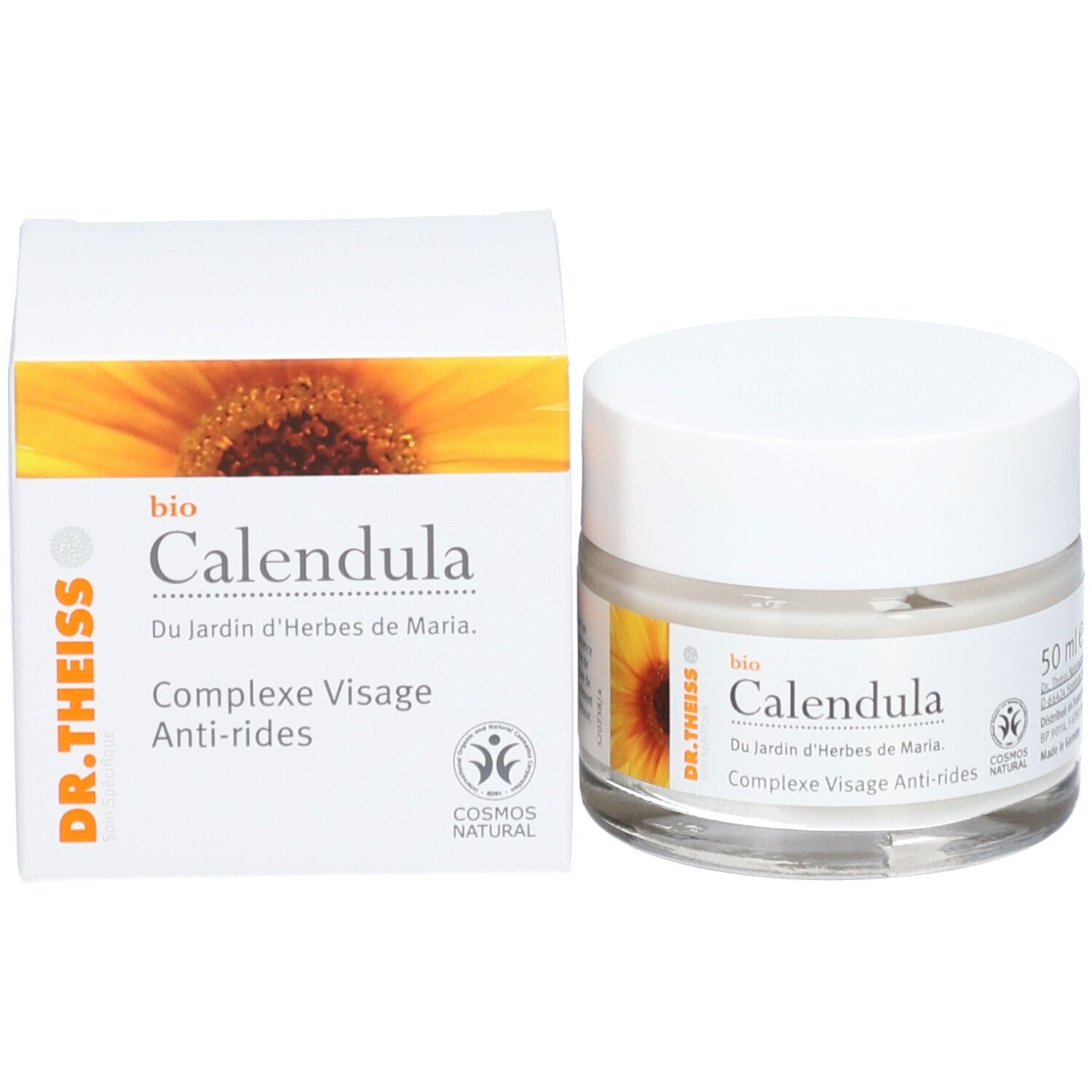 Pot de crème et boîte. Sur le pot : bio Calendula, Dr. Theiss, Complex Visage Anti-rides, 50 ml. Sur la boîte : mêmes informations.