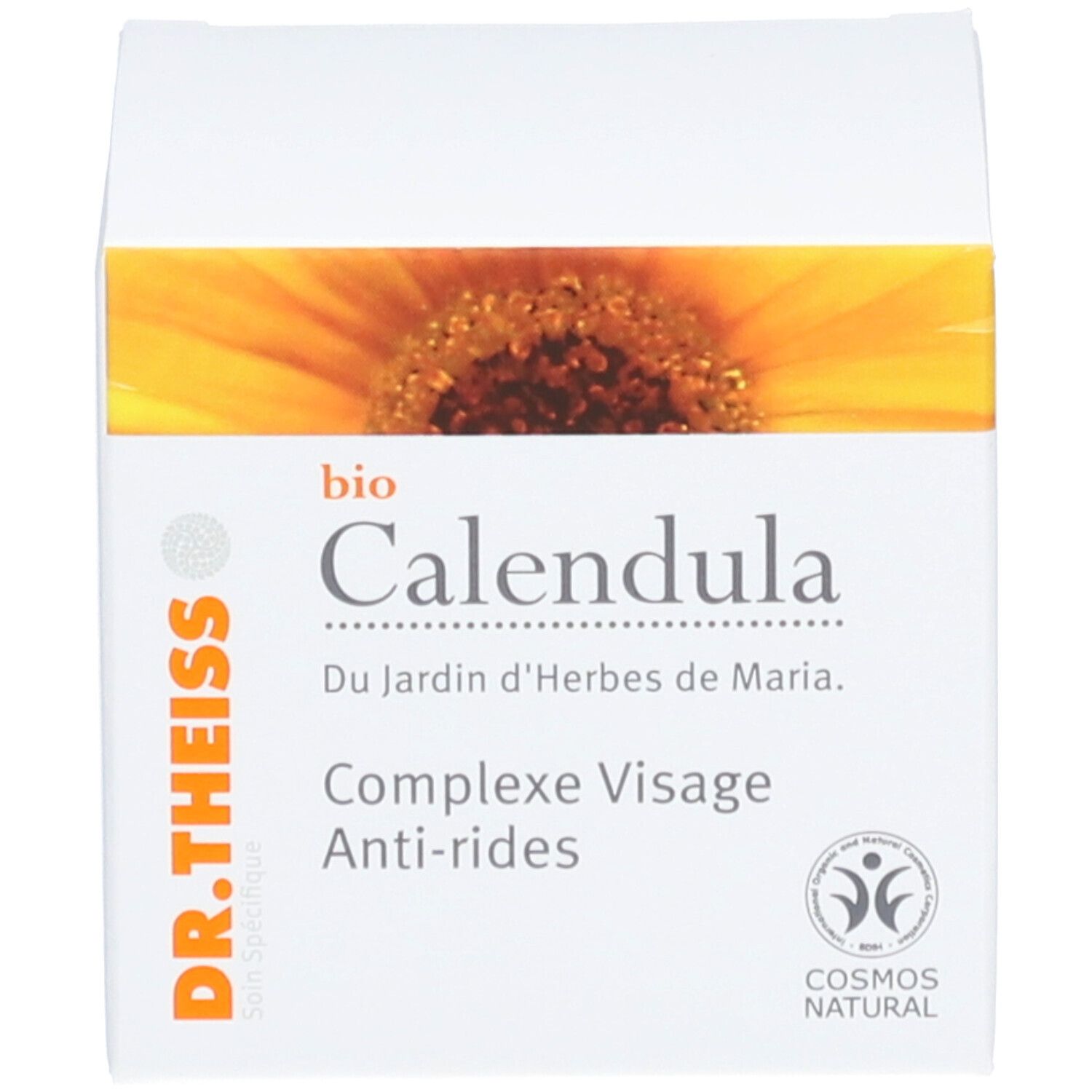 Boîte avec impression : bio Calendula, Dr. Theiss, Complex Visage Anti-rides. Illustration de tournesol.