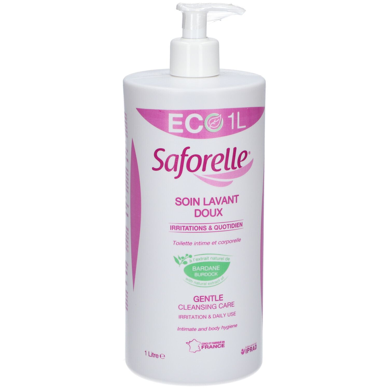 Flacon blanc avec accents roses. Inscription: Saforelle, Soin Lavant Doux, 1L. Avec pompe.