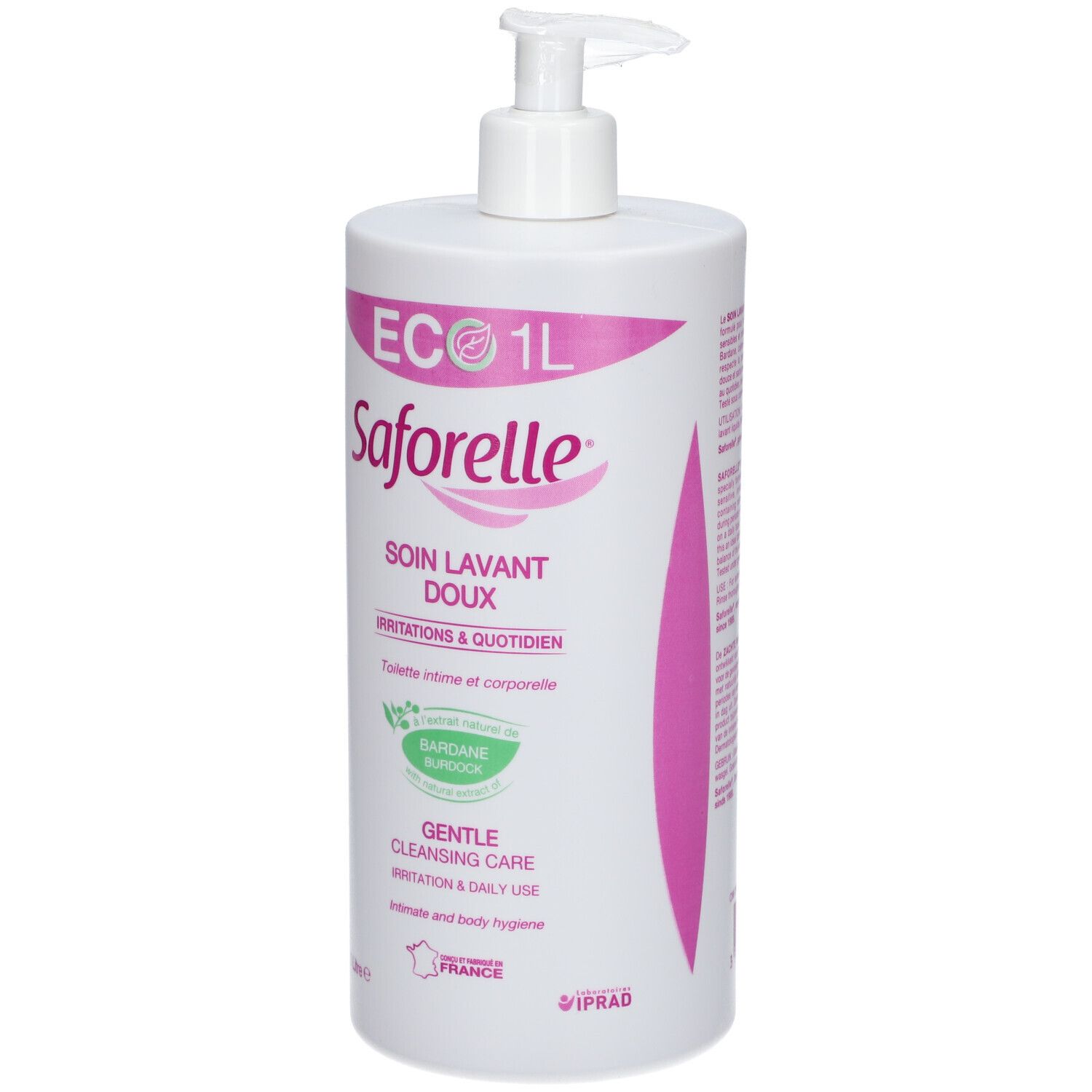 Flacon blanc avec accents roses. Inscription: Saforelle, Soin Lavant Doux, 1L. Avec pompe.