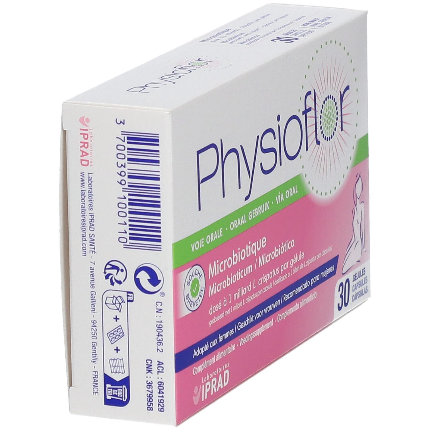 Schachtel Physioflor Microbiotique, weiß und rosa. Aufschrift: Physioflor. 30 Kapseln. Seitenansicht mit Logo.