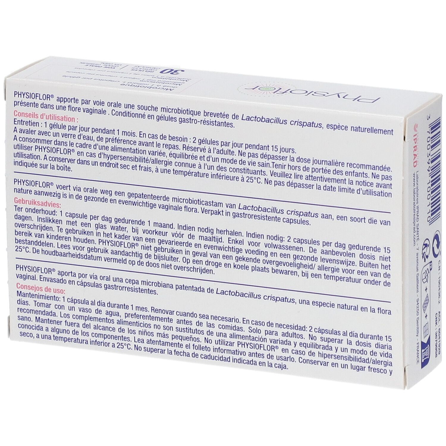 Rückseite der Schachtel Physioflor Microbiotique. Text in mehreren Sprachen. Informationen zur Anwendung und Inhaltsstoffe.