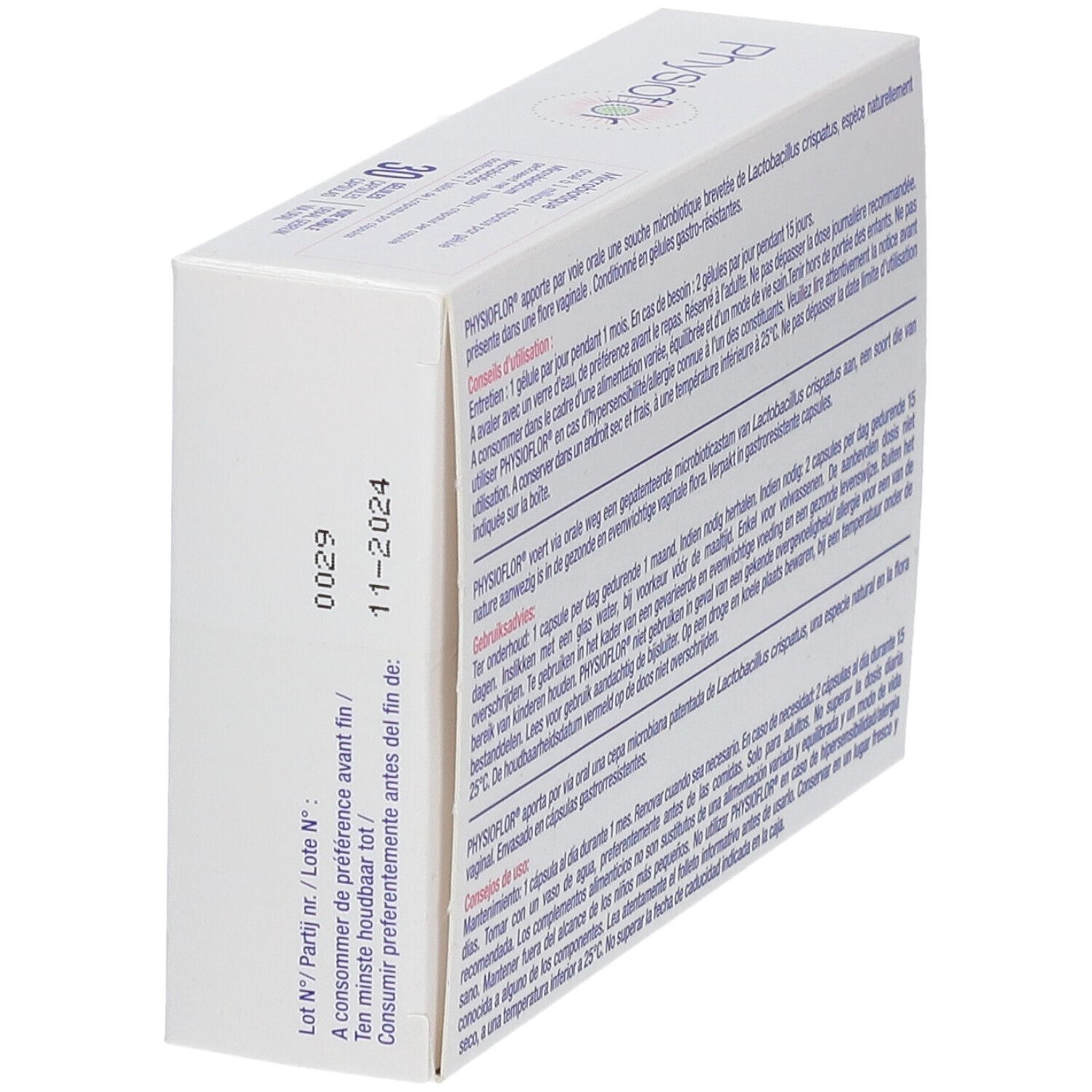 Seitenansicht der Schachtel Physioflor Microbiotique. Text mit Verfallsdatum und Chargennummer.