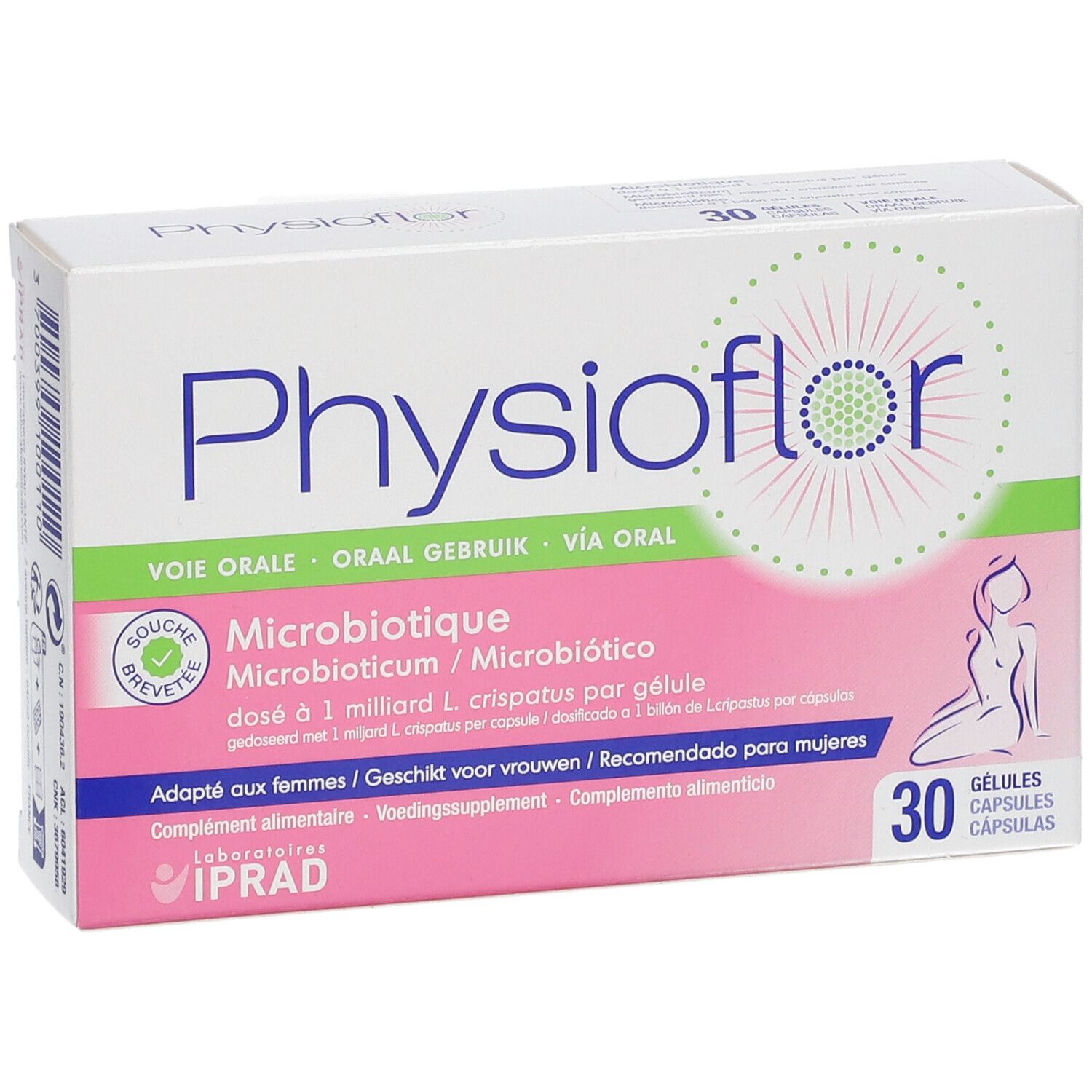 Weiße Schachtel mit rosa Akzenten. Aufschrift: Physioflor Microbiotique. 30 Kapseln. Abbildung einer Frau.