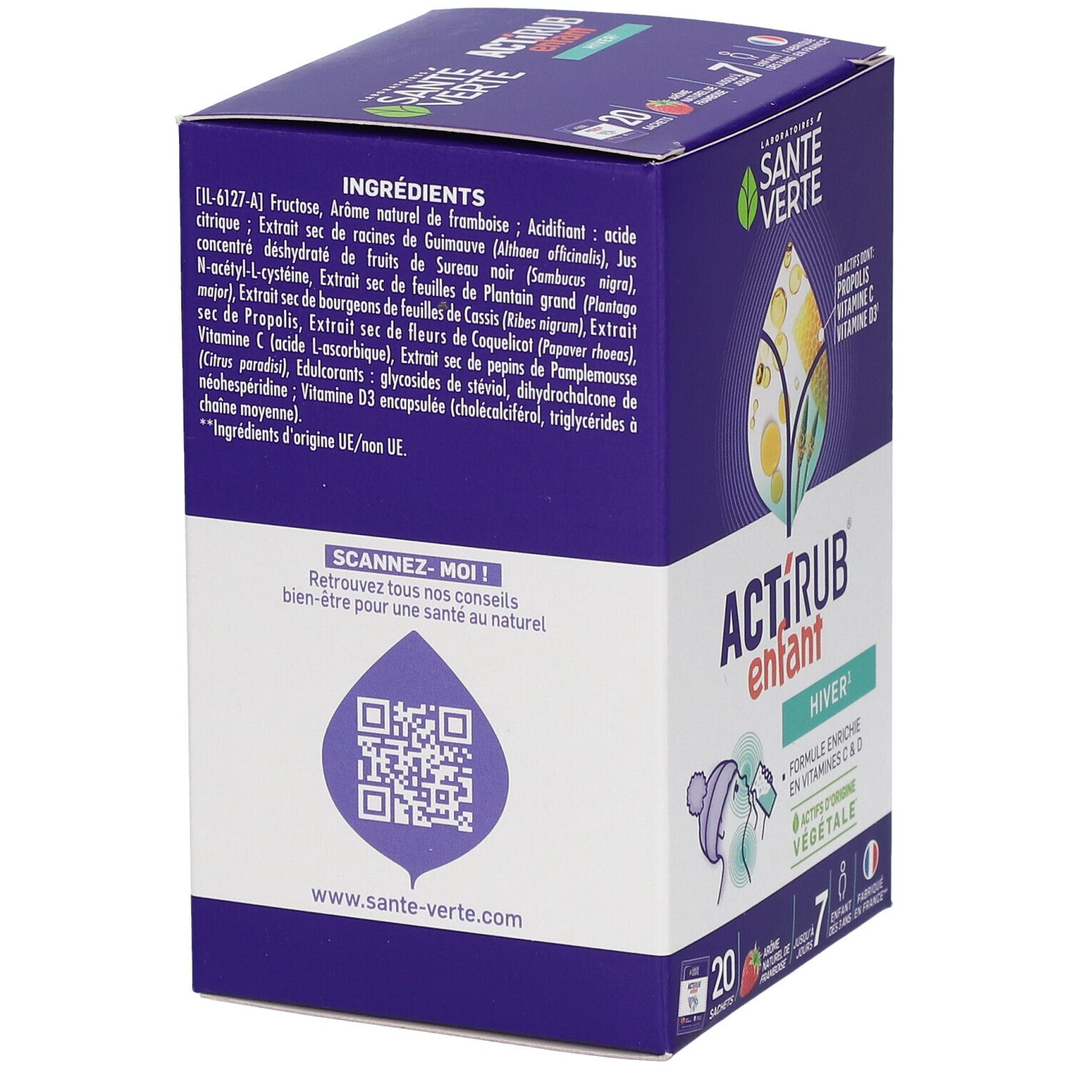 Dos de la boîte ACTIRUB enfant. Liste des ingrédients, QR code à scanner. Contient 10 actifs, vitamine C et D3.