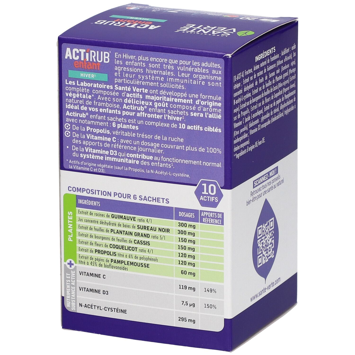 Côté de la boîte ACTIRUB enfant. Informations sur les ingrédients et les dosages. Contient 10 actifs, vitamine C et D3.