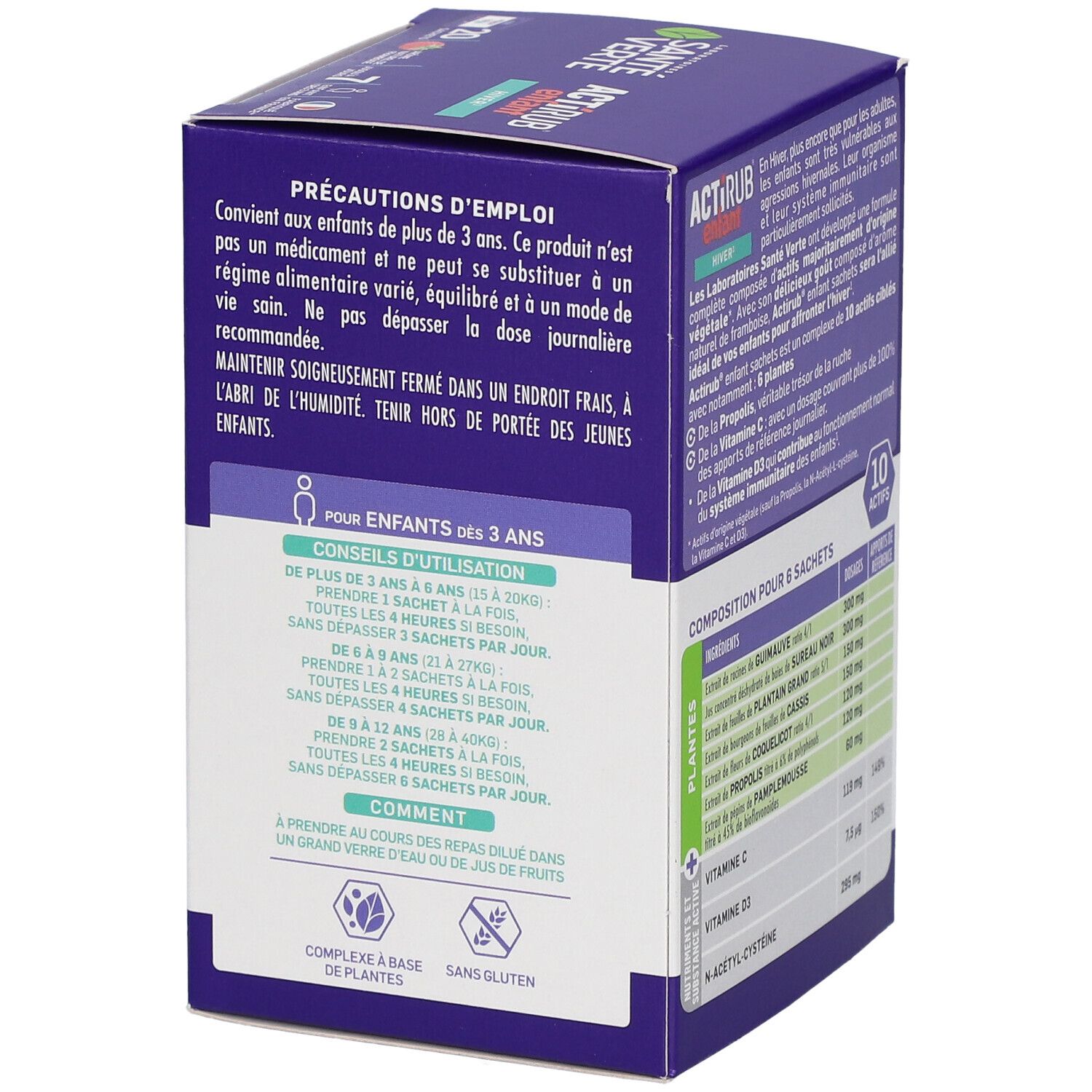 Côté de la boîte ACTIRUB enfant. Conseils d'utilisation et recommandations de dosage. Contient 10 actifs, vitamine C et D3.