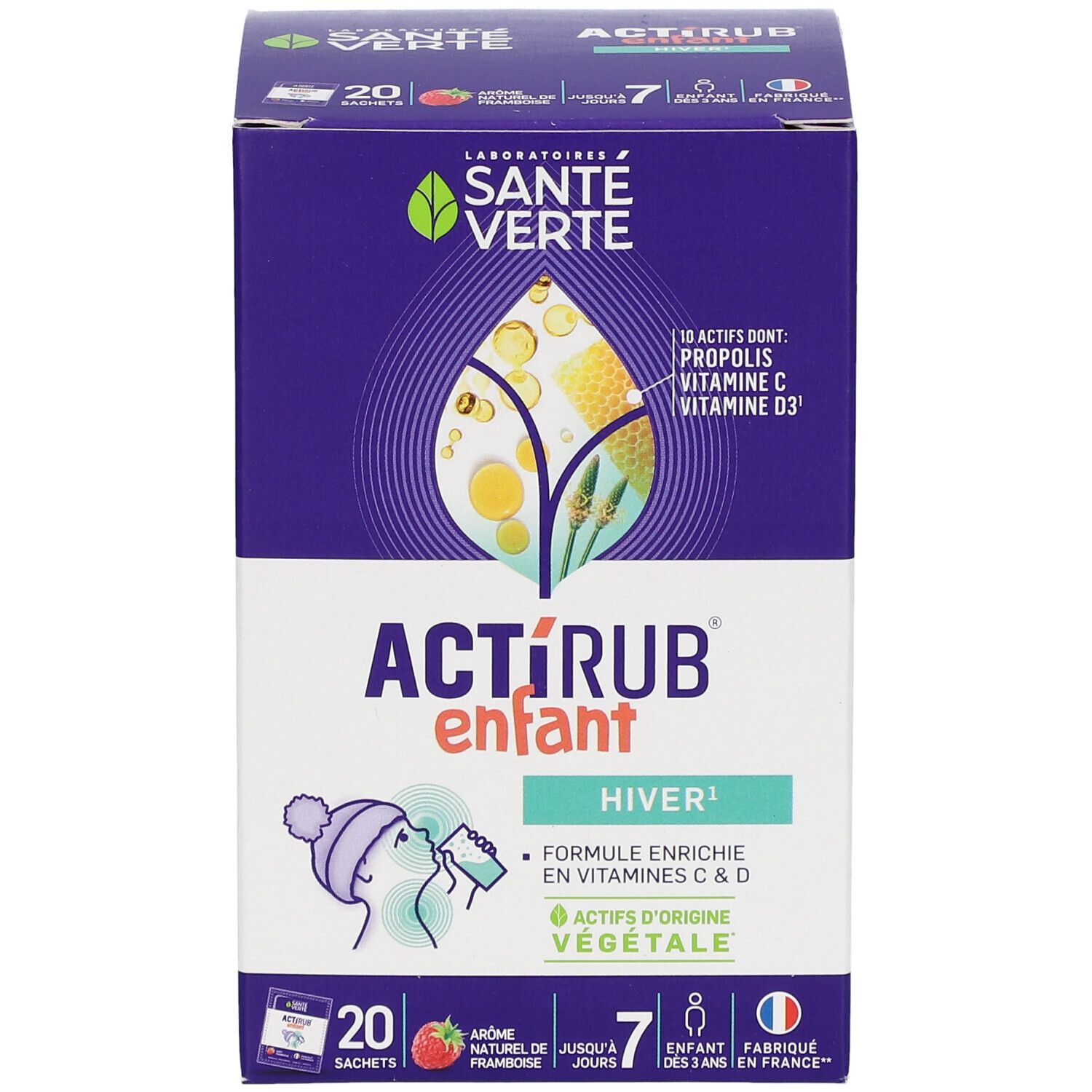 Boîte ACTIRUB enfant, 20 sachets, goût framboise. Contient 10 actifs, vitamine C et D3. Fabriqué en France.