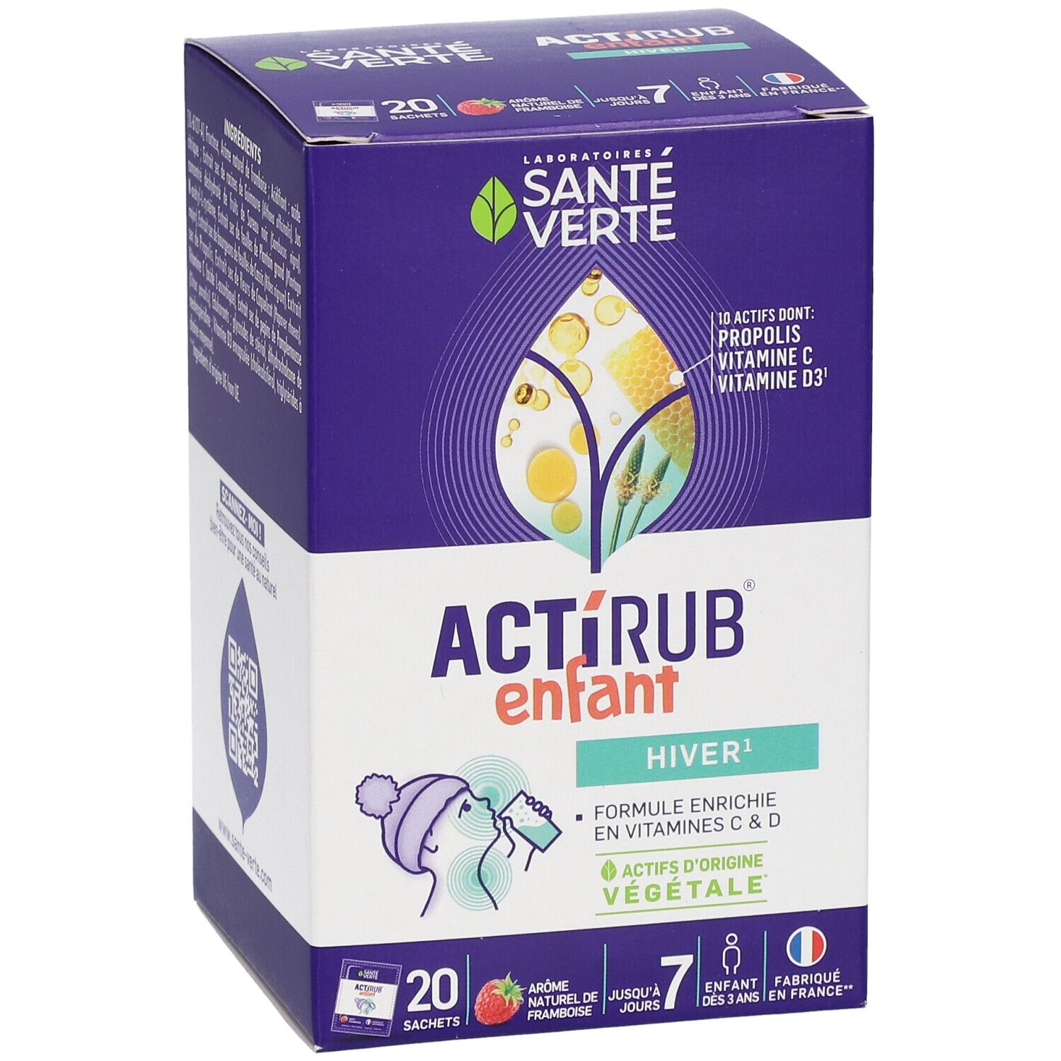 Boîte ACTIRUB enfant, 20 sachets, goût framboise. Contient 10 actifs, vitamine C et D3. Fabriqué en France.