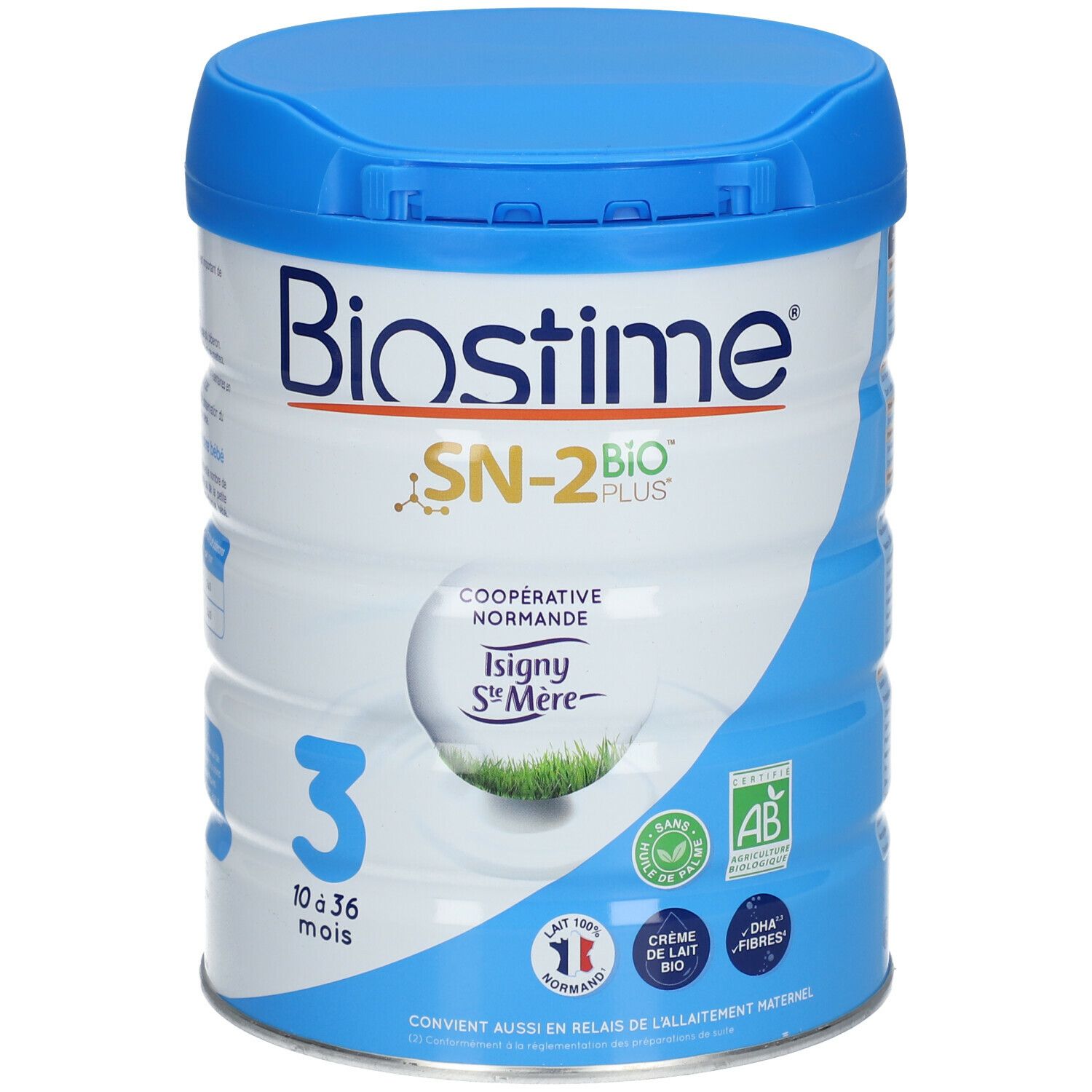 Boîte bleue Biostime, SN-2 BIO PLUS, 3, 10 à 36 mois. Coopérative Normandie, Isigny Sainte-Mère, certification bio.